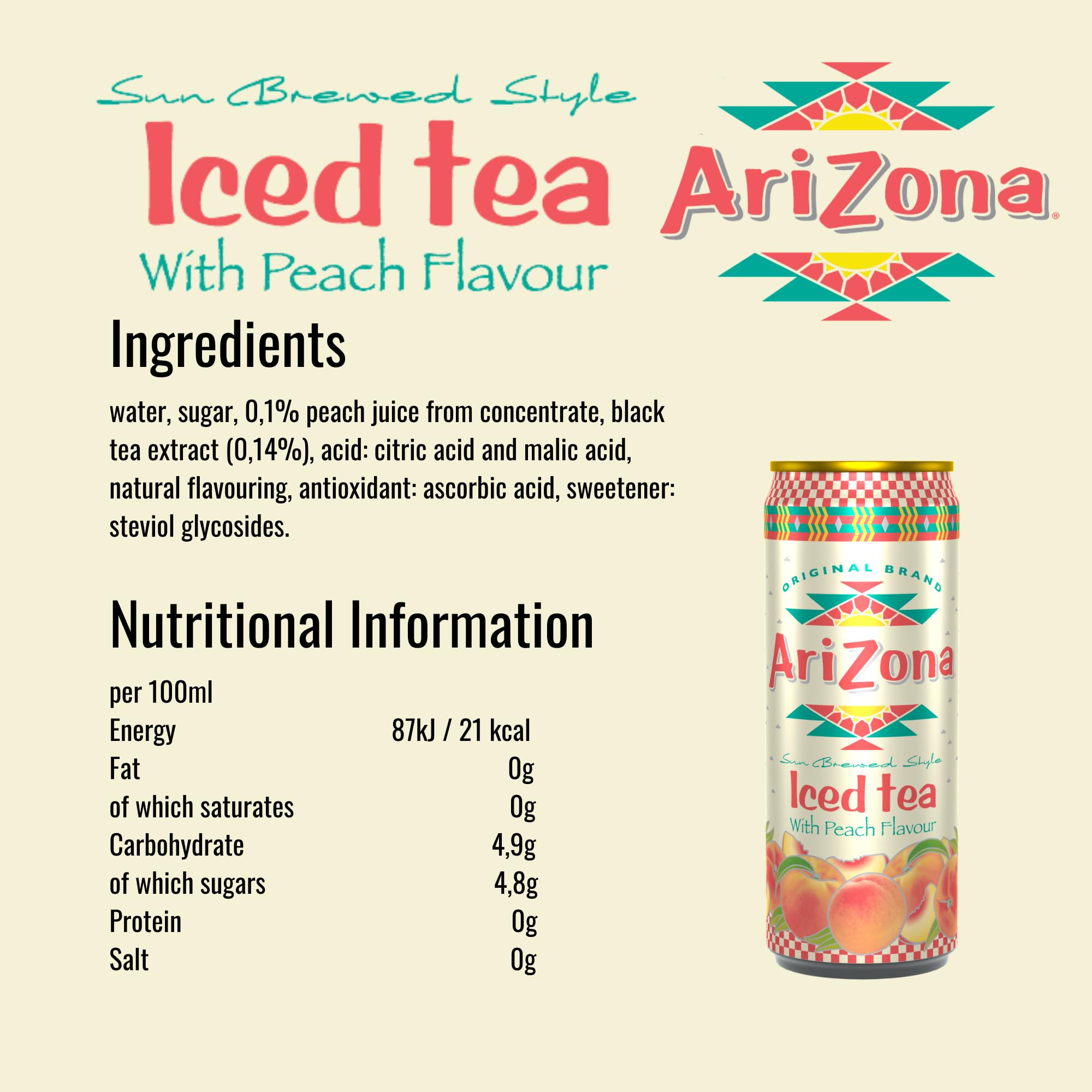 AriZona – Schwarzer Tee mit Pfirsichgeschmack – Packung mit 12 Dosen 330 ml – Getränk 100% Vergnügen – Verpackung Design