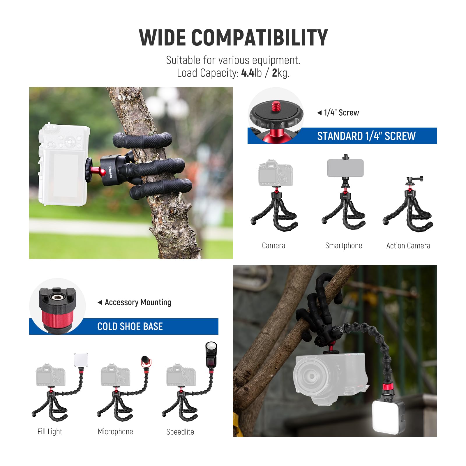 NEEWER T91 Treppiede Flessibile+2 Bracci Magici, Mini Treppiede da Viaggio con Otturatore/Morsetto per Telefono/Attacco per Action Camera Compatibile con GoPro iPhone 14 Pro Max Sony a7c,Max:4,4lb/2kg