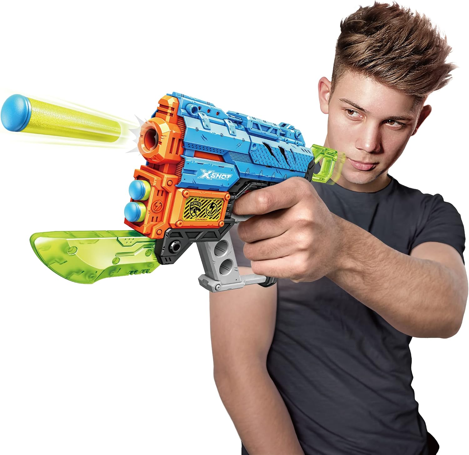 XSHOT Dino Attack Extinct (4 Pack + 24 Darts + 4 Shooting Targets) by ZURU, XSHOT Blue Foam Dart Blaster, Toy Blaster, Dinosaur Design Toys for Boys, Kids, Teens (Blue)
