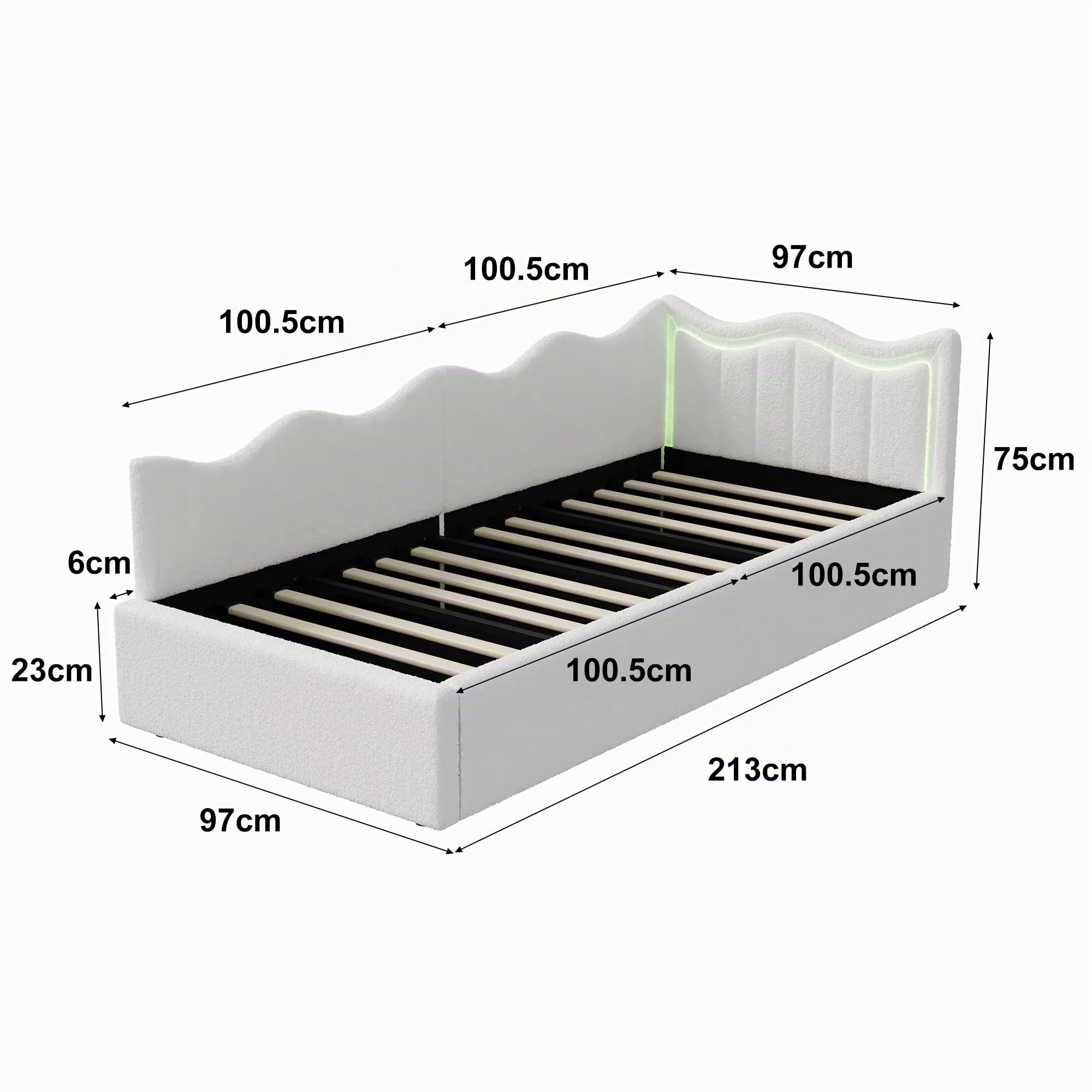 Polsterbett 90x200 mit Stauraum und LED-Beleuchtung, Einzelbett mit Wellenförmigem Kopfteil, Teddy-Fleece Jugendbett mit Lattenrost & Gasdruckfeder für Mädchen & Jungen, Weiß