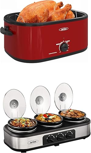 Sunvivi Horno asador y olla de cocción lenta, asador de pavo de 24 cuartos de galón con función única de descongelación/calor, rojo, triple olla de