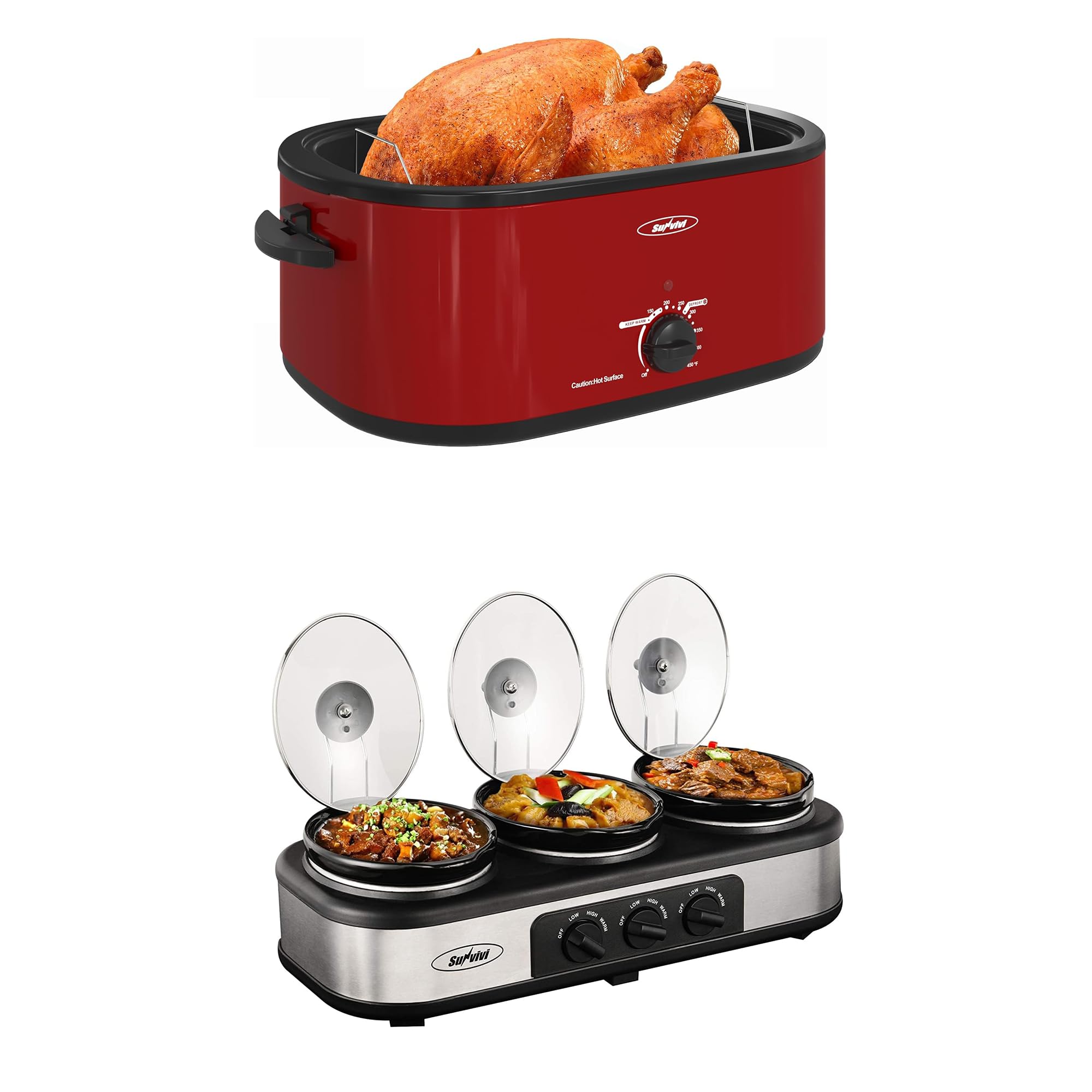 Sunvivi Roaster Oven and Slow Cooker Turkey Roaster 24 QT with Unique Defrost Warm Function Red Triple Slow