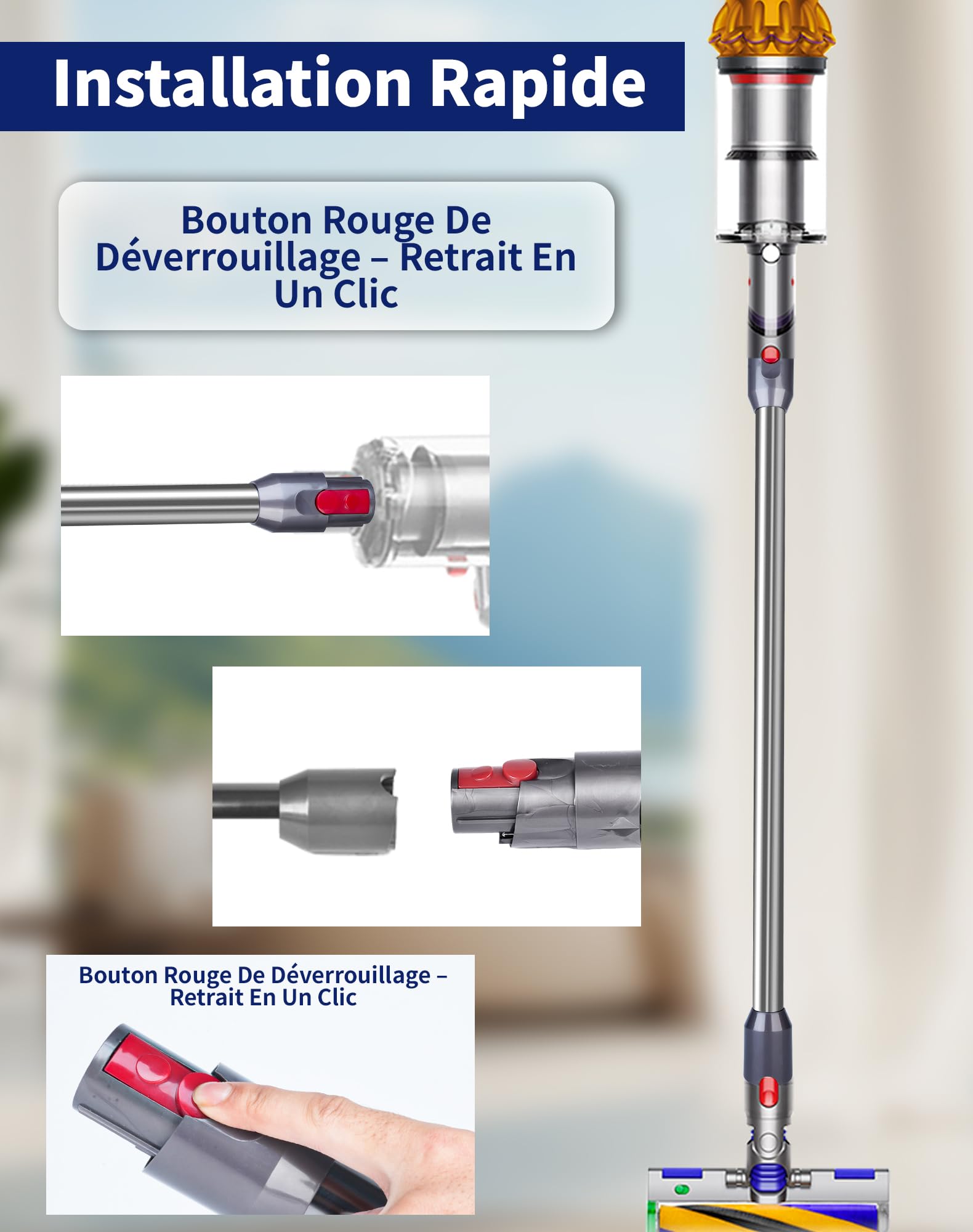 Tube Extension Compatible avec Dyson V12 Detect Slim & V10 Digital Slim, 74cm Tige Rigide Télescopique en Aluminium – avec Dégagement Rapide, Remplacement pour Tuyau d'Aspiration (Gris)