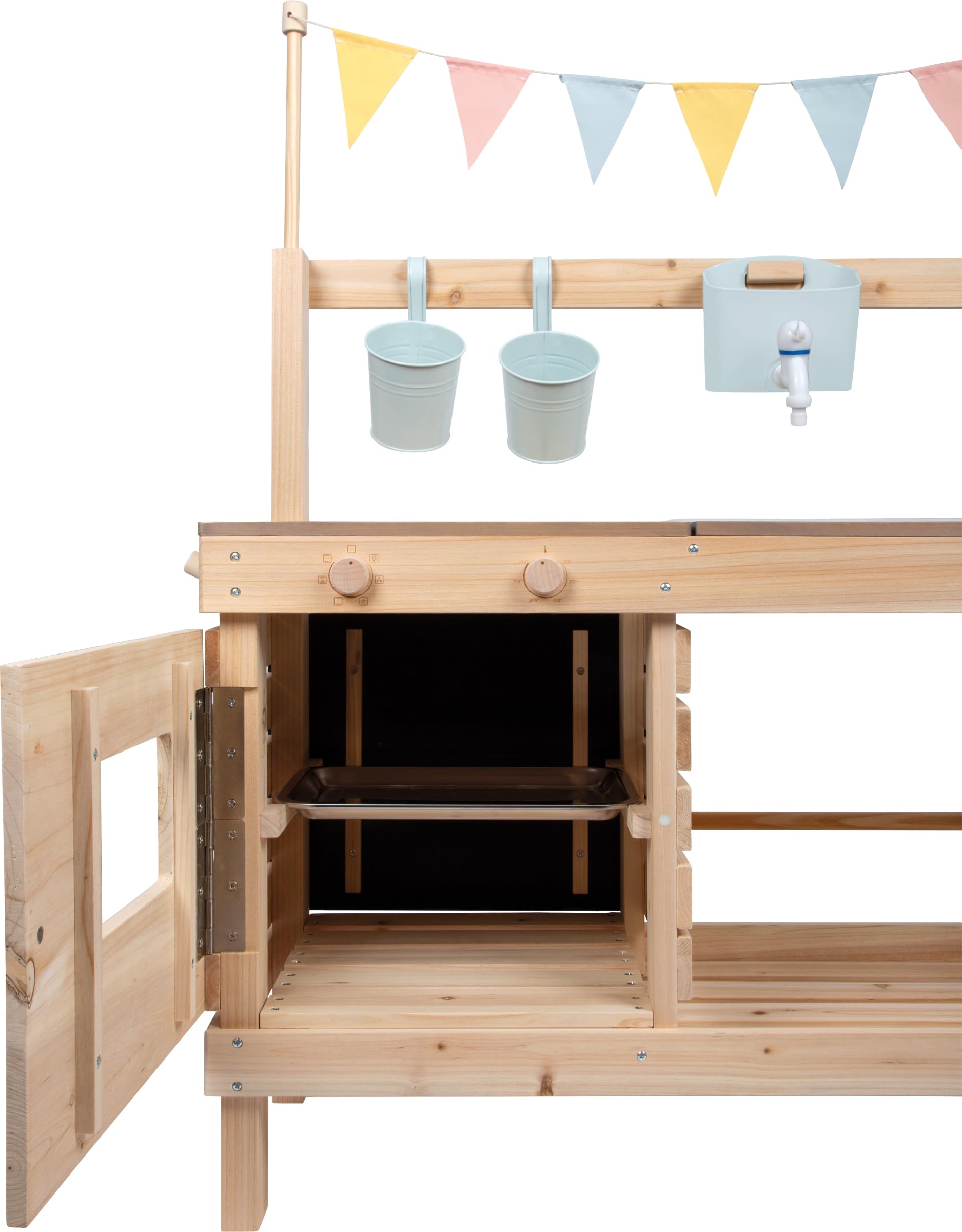 small foot Cucina da esterno e negozietto in legno, cucina/negozio Outdoor, utilizzabile su entrambi i lati, con rubinetto e numerosi accessori, 12790