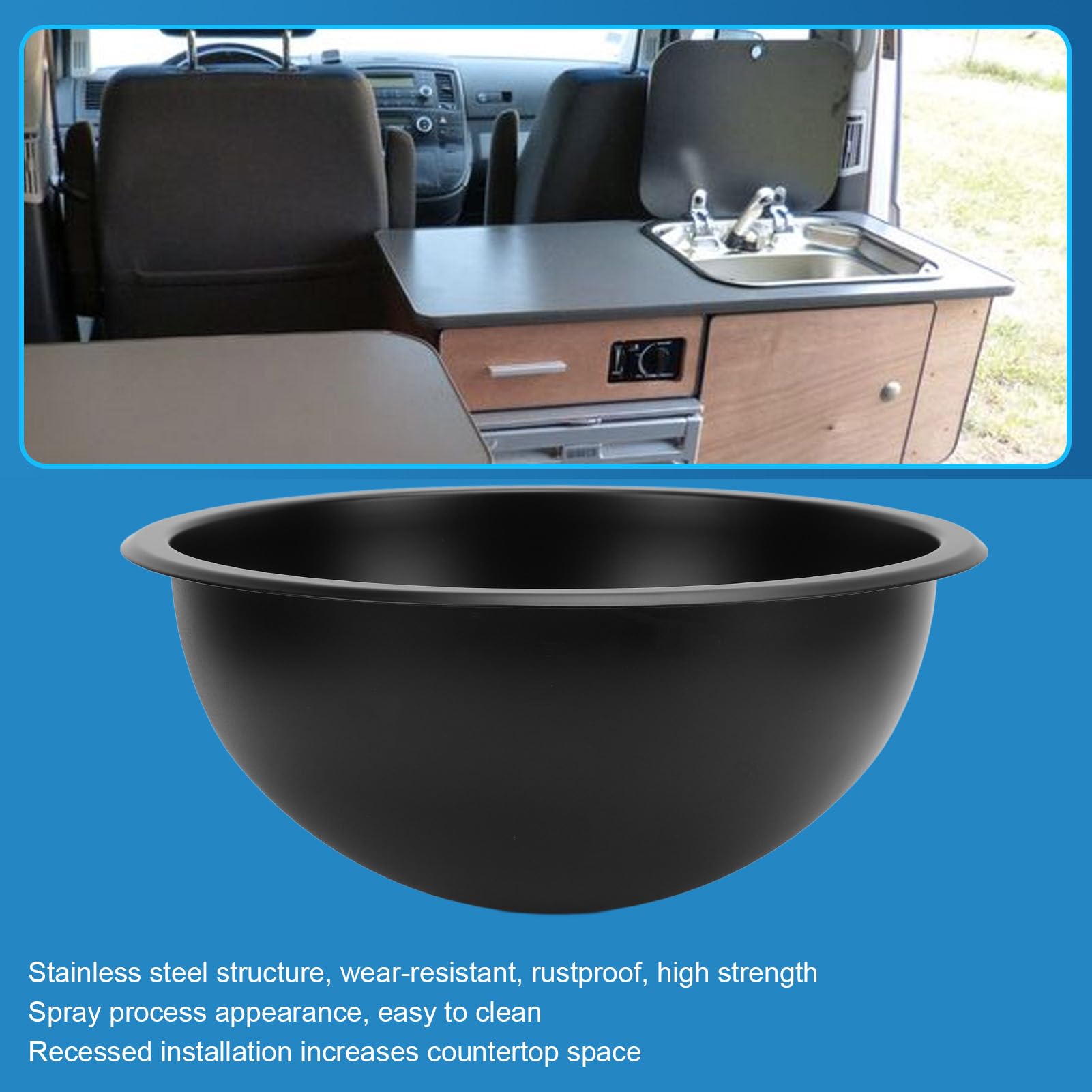 Kratzfestes, Rundes Waschbecken aus Edelstahl mit 40-mm-Abfluss und Gummidichtung für Boot, Wohnwagen, Wohnmobil, Wohnmobil