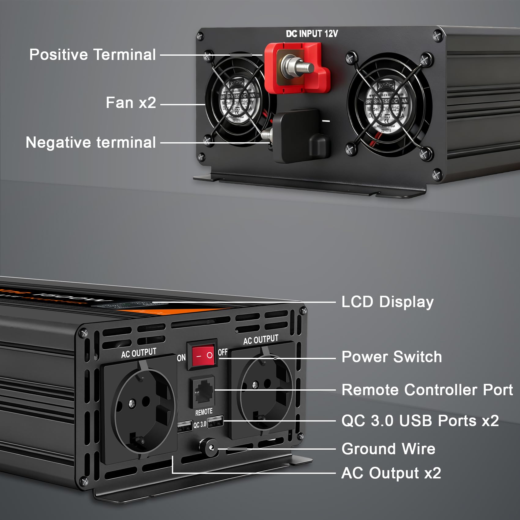 1500W Inversor 12V 230V Onda sinusoidal Pura | con Pantalla LCD, Mando a Distancia, enchufes UE, Puerto USB, Apto para autocaravanas, Campers e instalaciones solares.