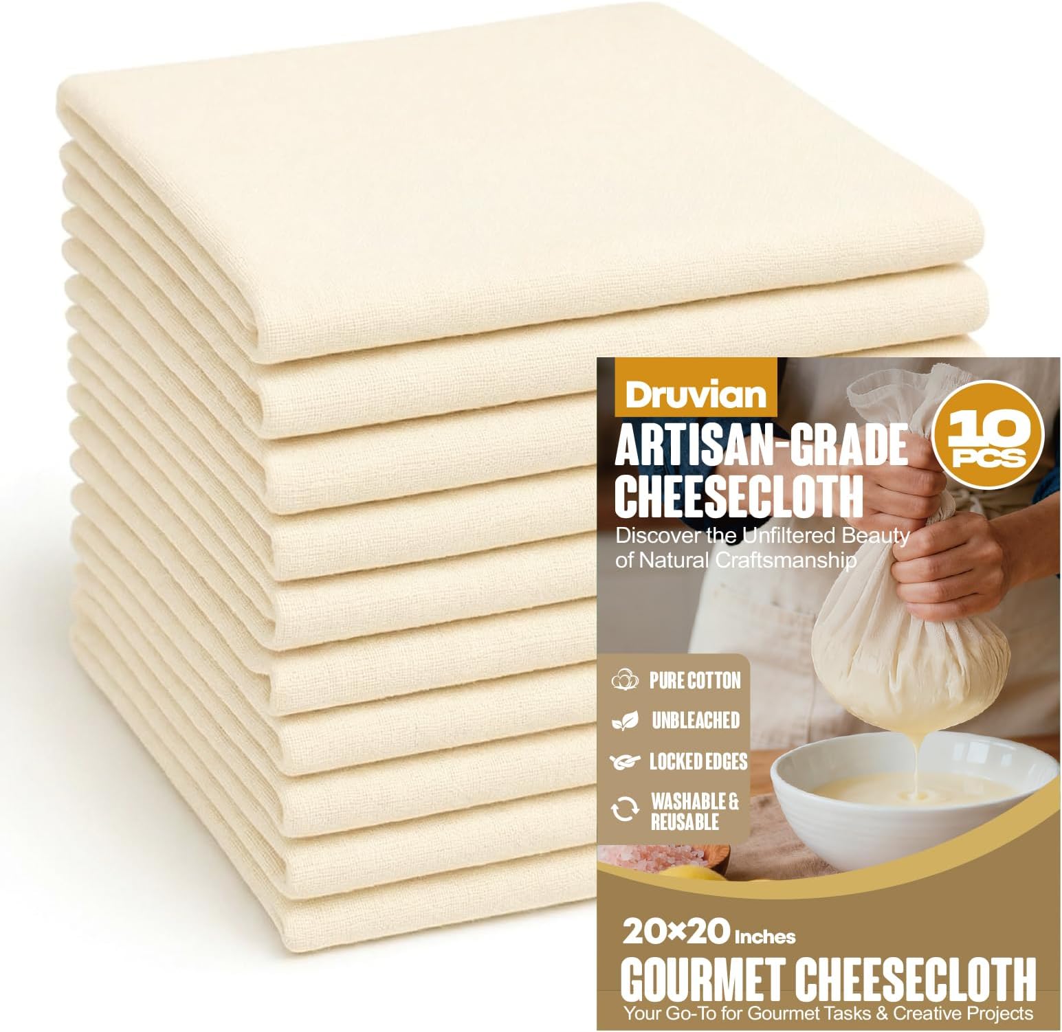 10 Pack Premium Cheesecloth, Grade 100 Cotton Cheese Cloth, Unbleached Extra Fine Mesh, Cheesecloth for Straining, for Cooking, Baking & Brewing, 20 x 20 Inches