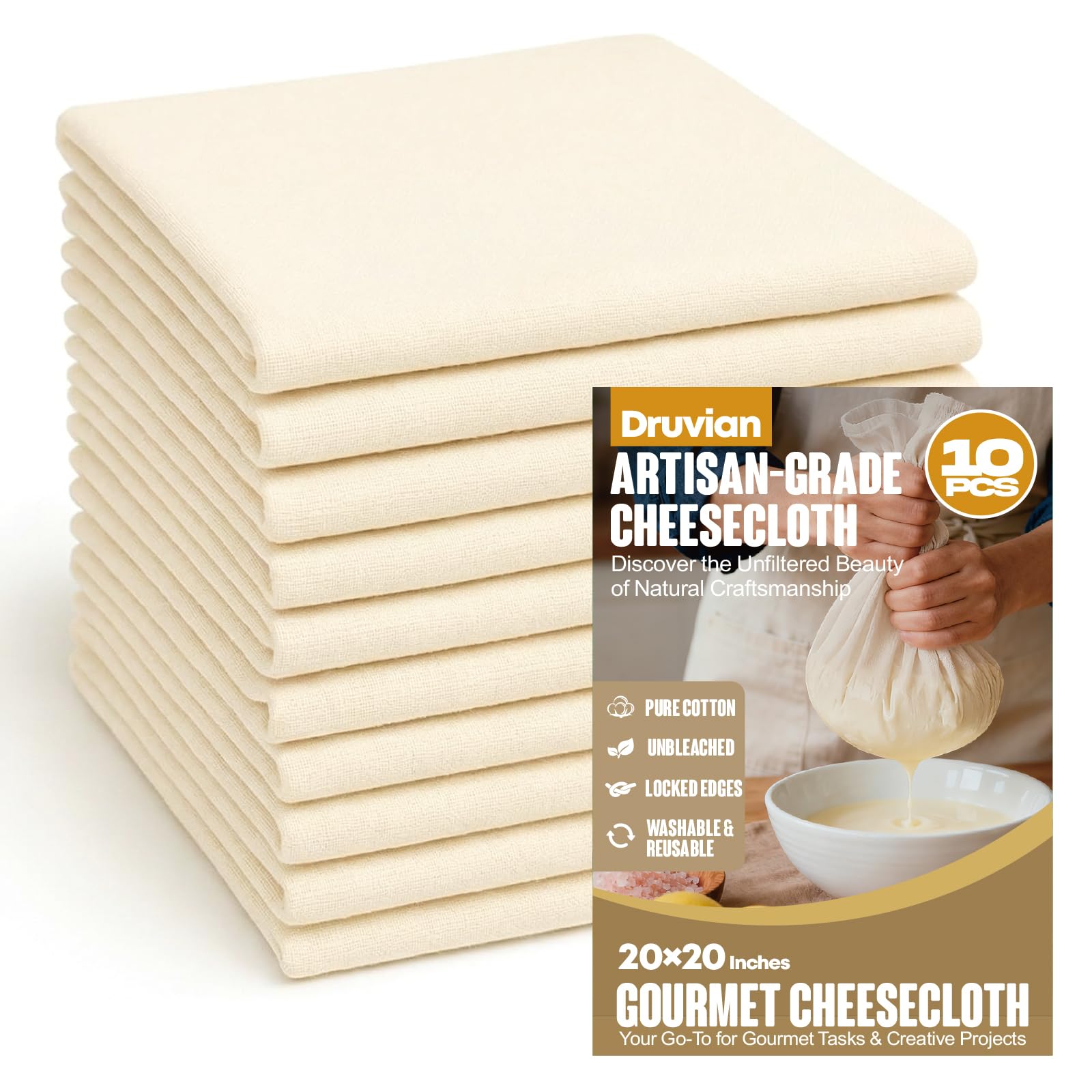 10 Pack Premium Cheesecloth, Grade 100 Cotton Cheese Cloth, Unbleached Extra Fine Mesh, Cheesecloth for Straining, for Cooking, Baking & Brewing, 20 x 20 Inches