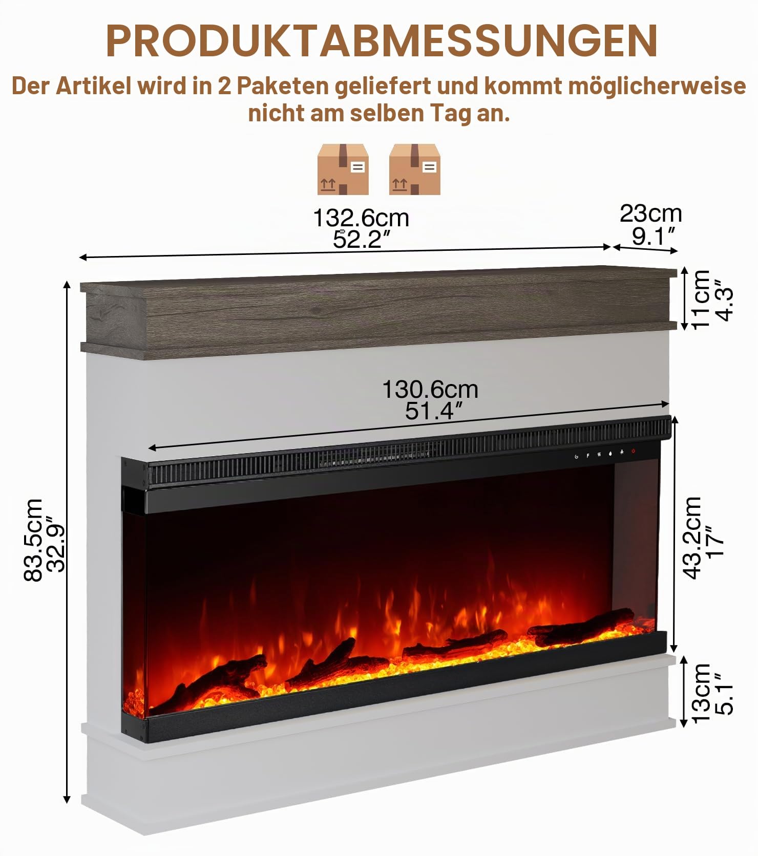 M.C.Haus 3-seitiger elektrischer Kamin-Einsatz - Minimalistischer Kamin - 12 Farb-Flammeneffekt - 1500/750 Watt Heizgerät - Fernbedienung - Holz & Kristalle (50", Weiß)