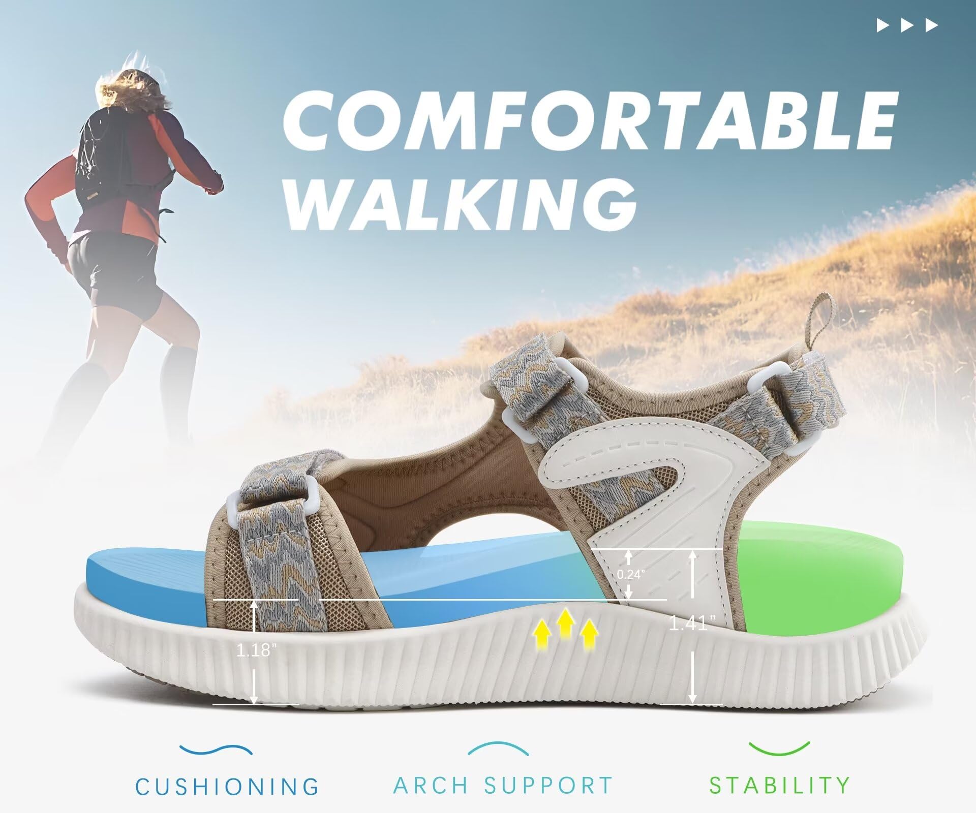 KuaiLu Sandalen Damen Trekking Bequeme Orthopädische Sport Outdoor Wandersandalen Verstellbare Klett Leicht Offen Zehen Plantarfasziitis Sandalen