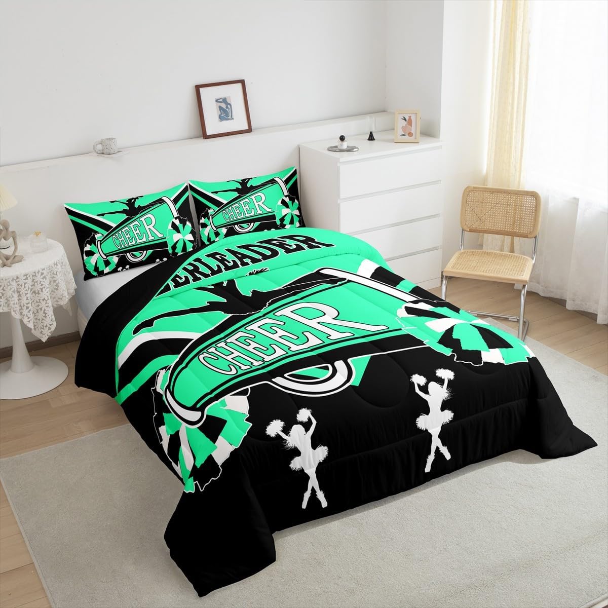 Cheerleading Queen Comforter Set Dance Princess Bedding Set Queen for Girls, Kawaii Cheerleader Bedding Comforter Sets Black Spring Green Duvet Set, Cheerleading Pompoms Print Quilted Comforter