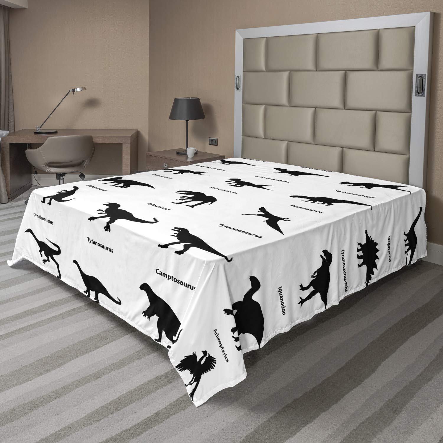 Ambesonne Dinosaur Flat Sheet, Composition Different Dinosaurs Silhouettes Their Names Evolution Wildlife, Soft Comfortable Top Sheet Decorative