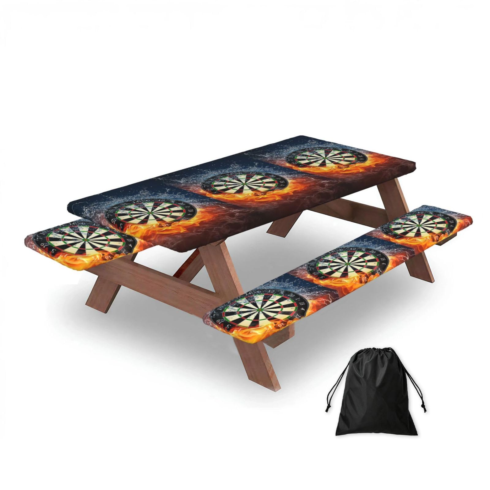 Dart Board Printed, Picnic Table Cover With Bench Covers -Waterproof Elastic Fitted Tablecloth for Garden Camping Patio 76x152cm