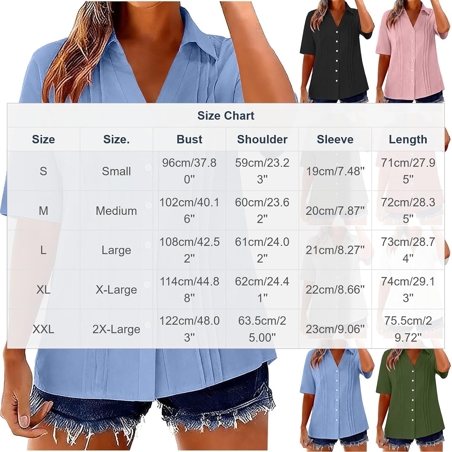 Womens Summer Tops Short Sleeve Shirts Button Down Dressy Casual Blouses V Neck Fashion Tunics Pleated Clothing