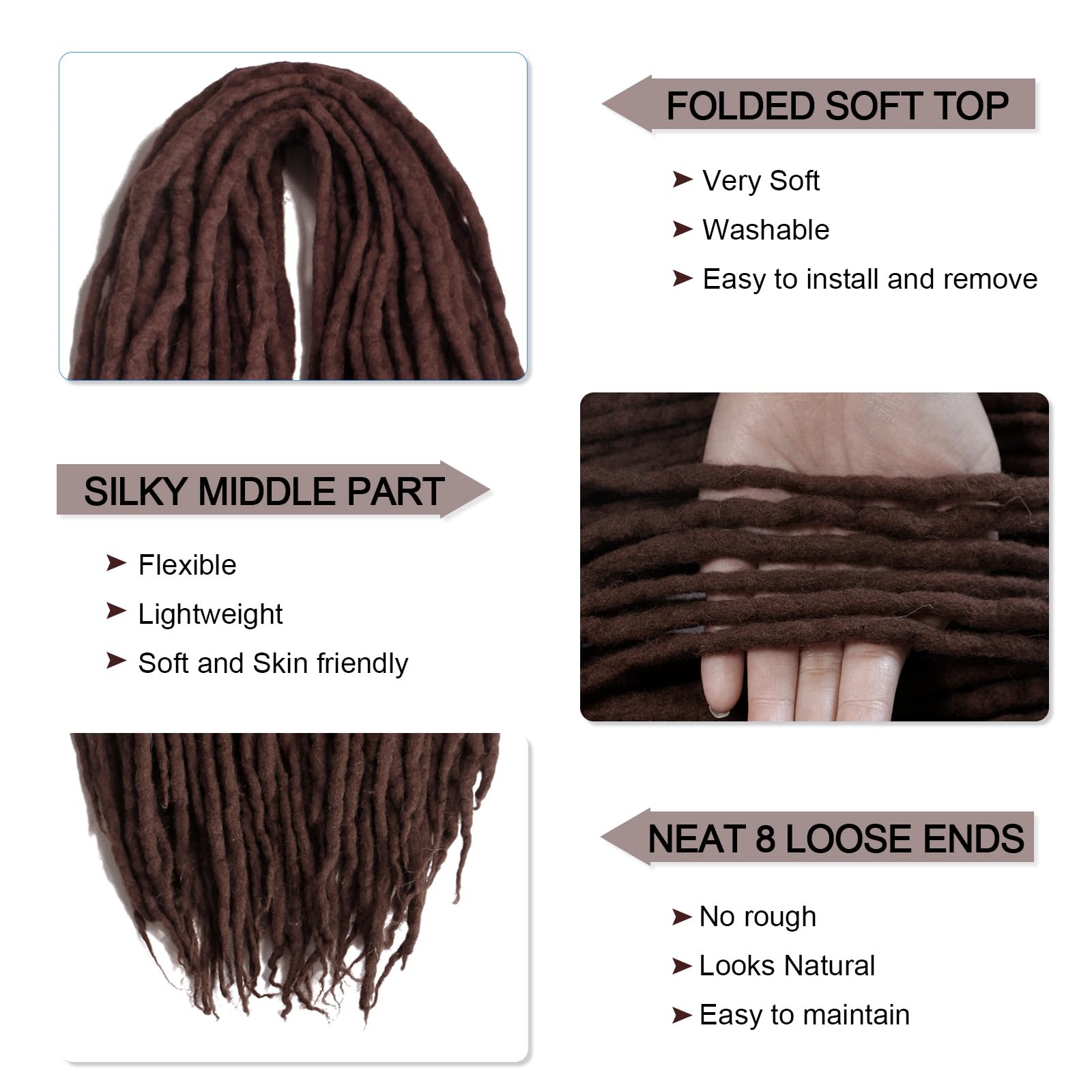 22 Inch Brown Wool Dreadlock Extensions Double Ended 15 StrandsDreadlocks for Women DE Double Ended Wool Dreads Stylish & Durable Dreads Extensions - Image 3