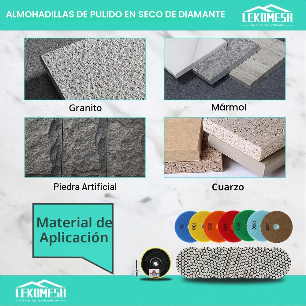 Diamante Almohadilla de Pulido en Seco - 7 piezas 100MM (#50/100/200/400/800/1500/3000) + M14 Plato de Apoyo + Adaptador,para Granito Mármol Piedra Artificial Cuarzo LEKOMESH