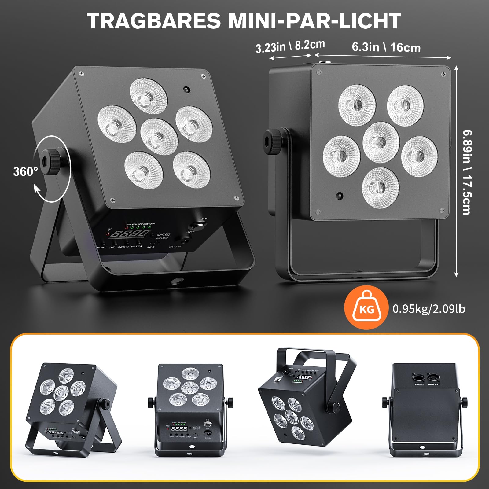 50W APP Par LED Batterie, RGBWA UV Lumiere de Scene 5200mAh Rechargeable, Eclairage Scene Support IR Télécommande, 2,4 GHz sans fil, D MX Contrôle pour Mariage Disco Halloween Noël