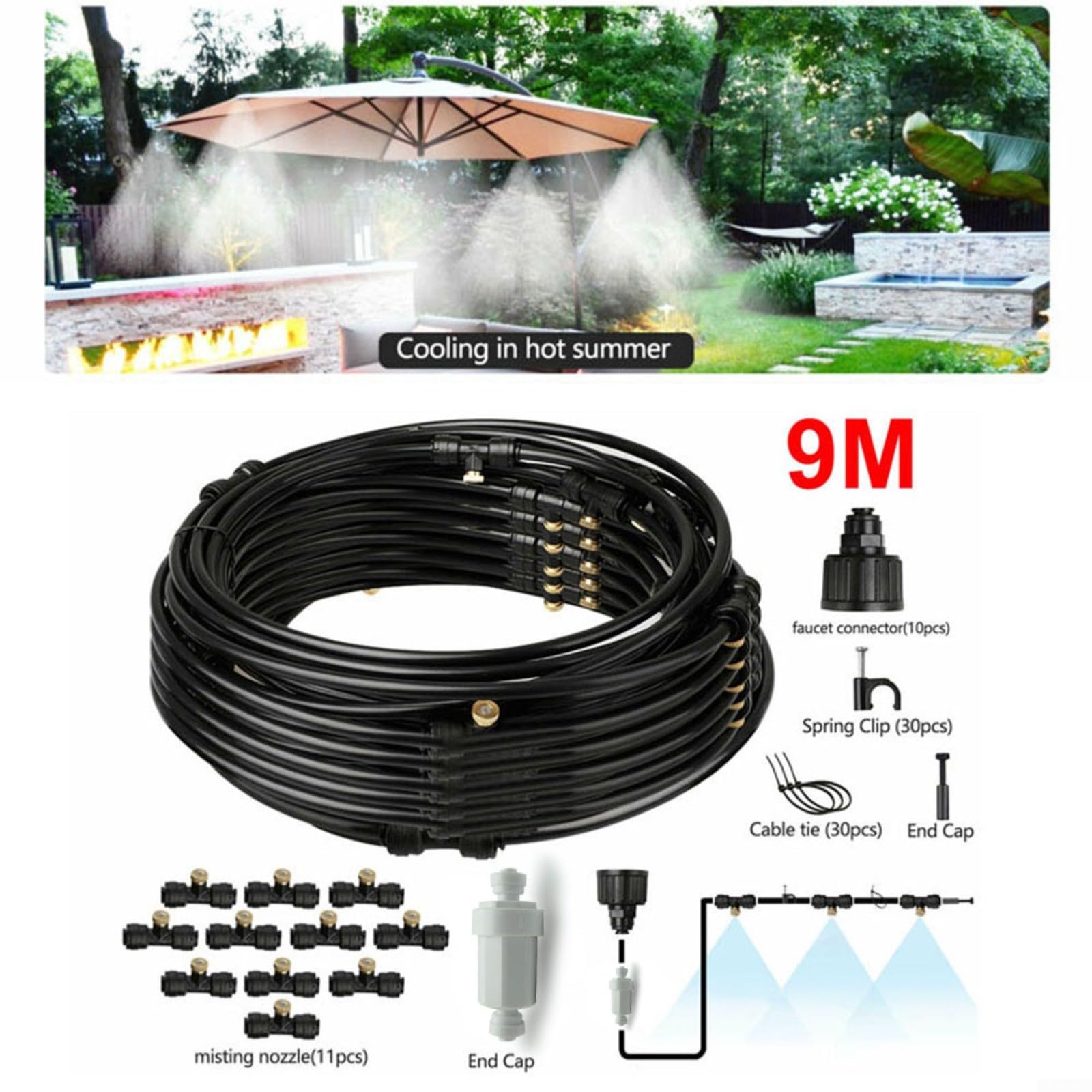 9M Nebelkühlsystem mit 11 Messingdüsen, Gartenbewässerungs-Set, für Terrasse, Gewächshaus, Luftkühlung