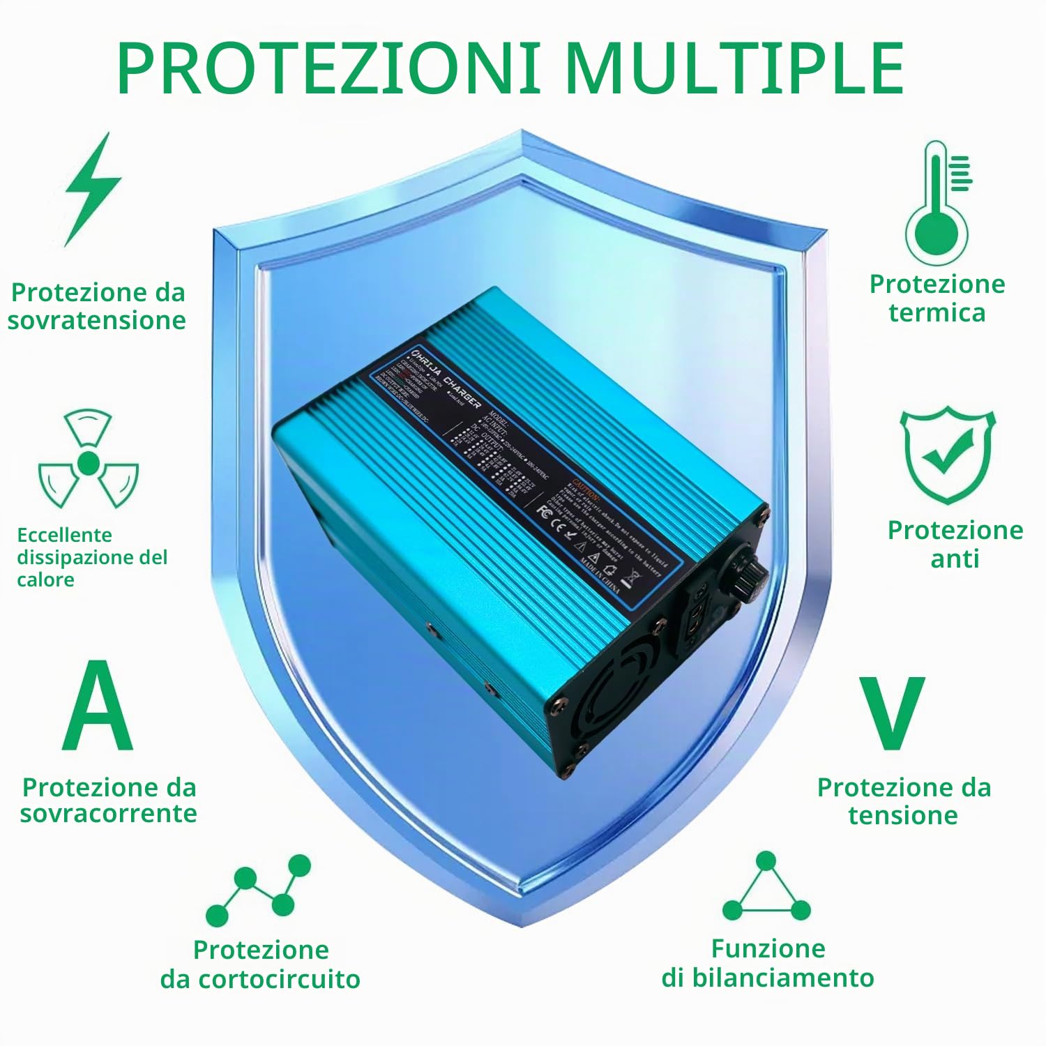 Caricabatterie LiFePO4 da 29,2 V 10 A con indicatori LED, supporta la ricarica rapida, esterno blu con connettore Anderson grigio da 50 A