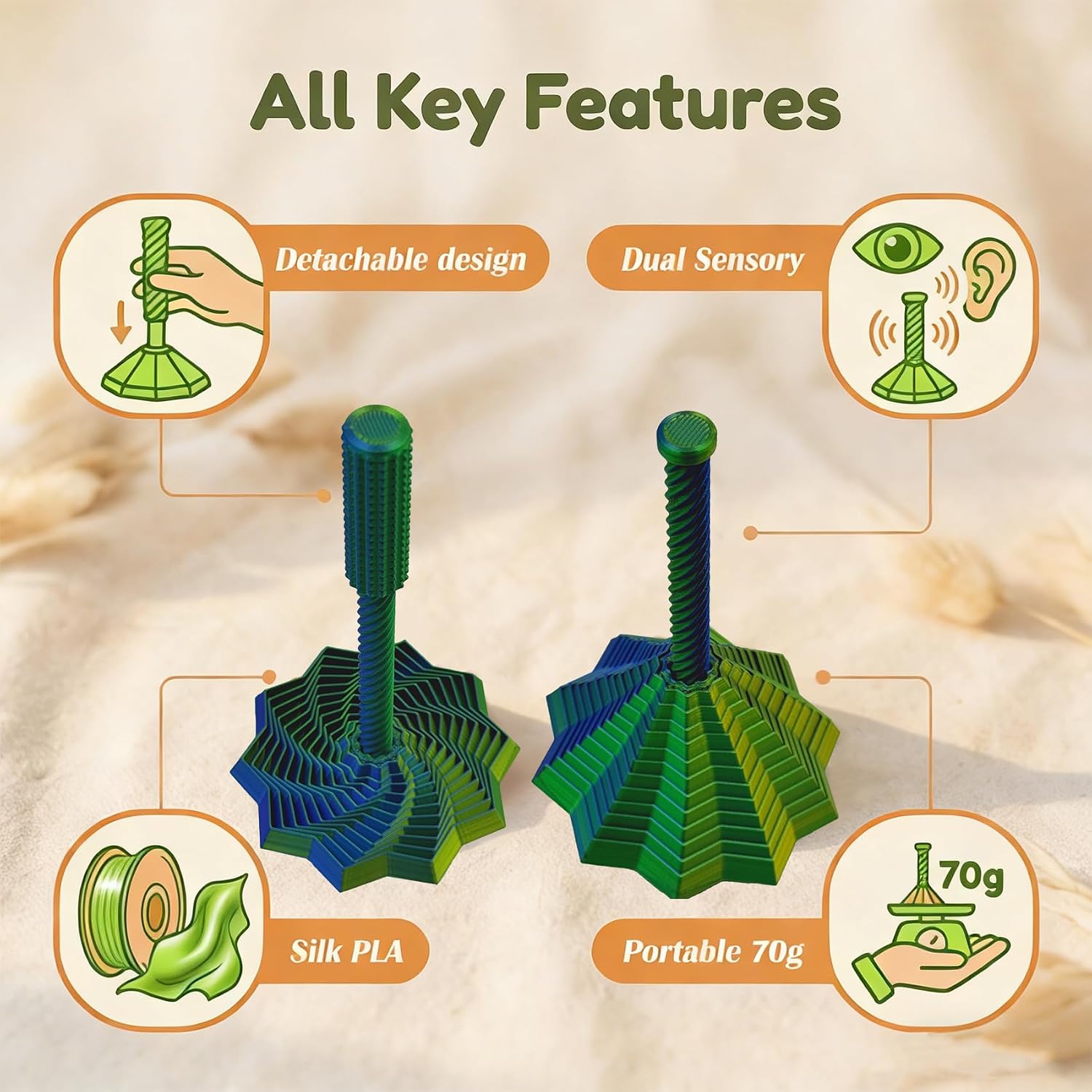 Dual Motion 3D Printed Star Fidget Toy, 3-in-1 Sensory Toy with Reinforced Detachable Handle,Satisfying ASMR Sound Fractal Star for Stress Relief & Focus (Silk Gold-Green-Blue)
