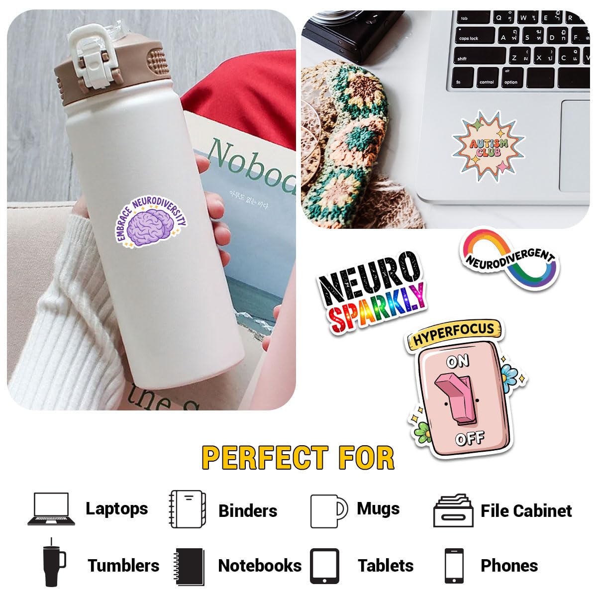 12pcs ADHD Stickers Pack, Funny Mental Health Neurodivergent Stickers, Neurodiversity Hyperfocus Sticker, ADHD Awareness Therapy Gifts Decal Waterproof for Kids Adults, Laptop Tablet Water Bottle