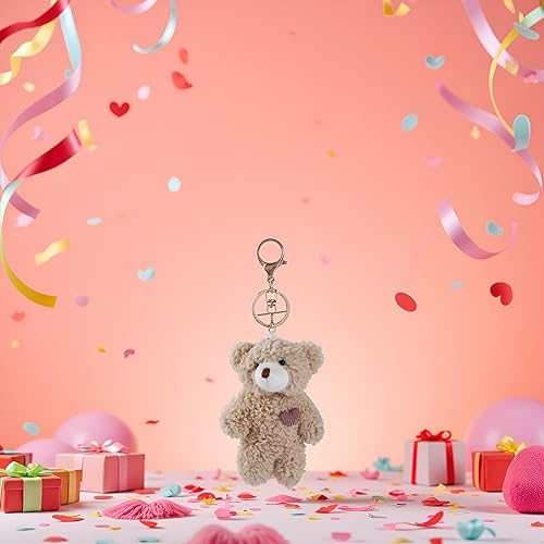 Miniatura 2 de Jowxsx 1 llavero de peluche pequeño de oso marrón con corazón rosa para mochila, llavero de algodón suave para regalo, graduación, fiesta,