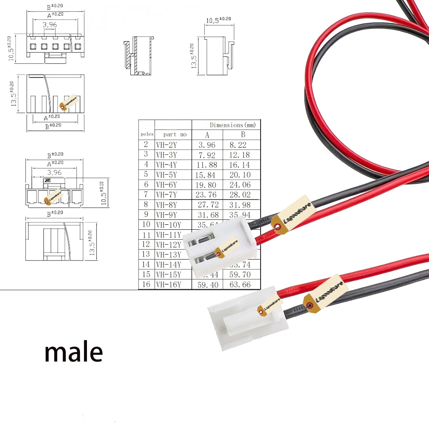 Lsgoodcare 20Pcs 2P 3.96mm Pitch 2Pin Female Male Header Terminal Connector Wire Line 20Awg 11.81Inch for LED Strip, Industrial Control, PCB Board Connection (2pin)