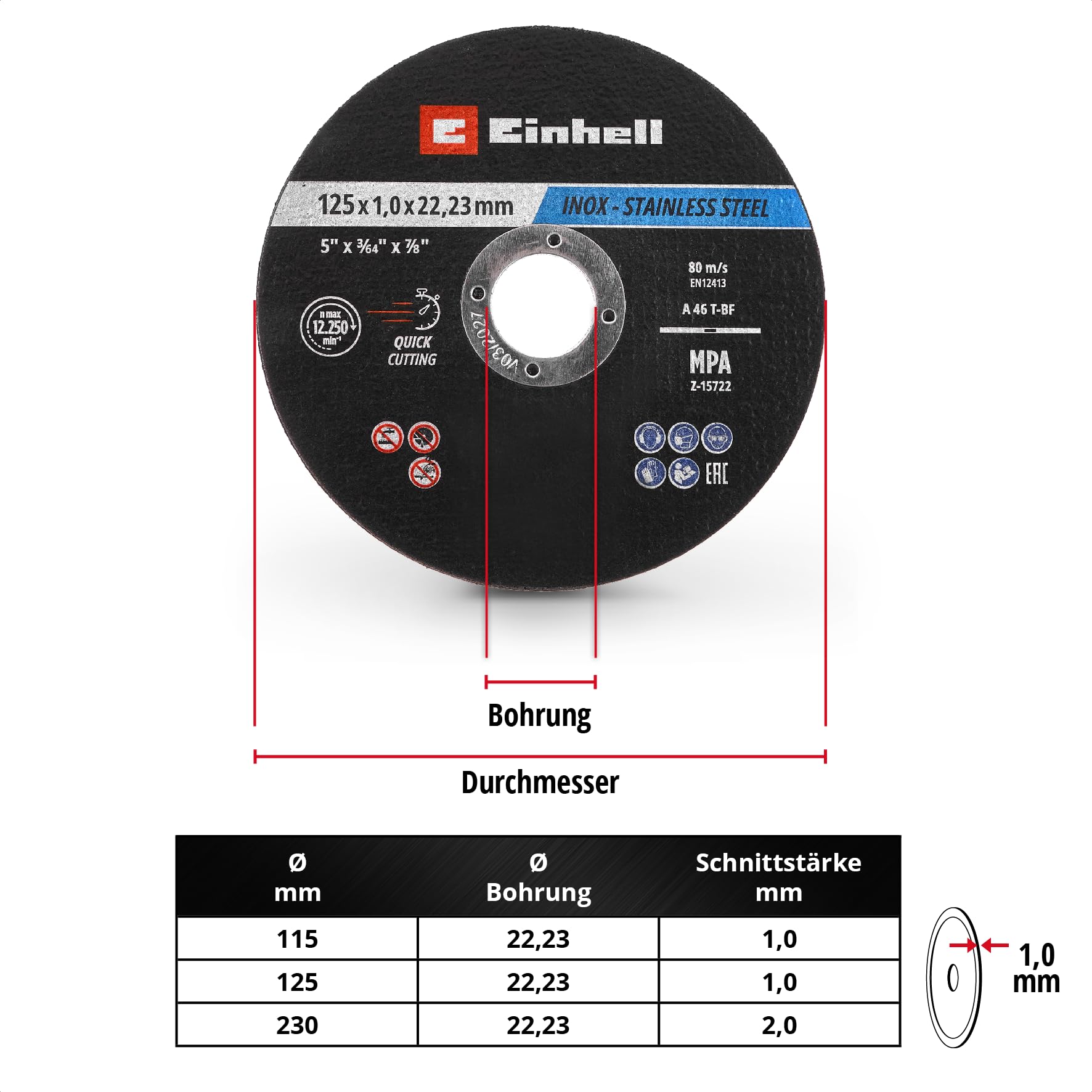 Original Einhell Trennscheiben Metall, 50-tlg., Ø 125 mm in Dose (Schnelles Trennen, Metallverarbeitung, Leichter Schnitt, MPA-zertifiziert, Markenunabhängig)
