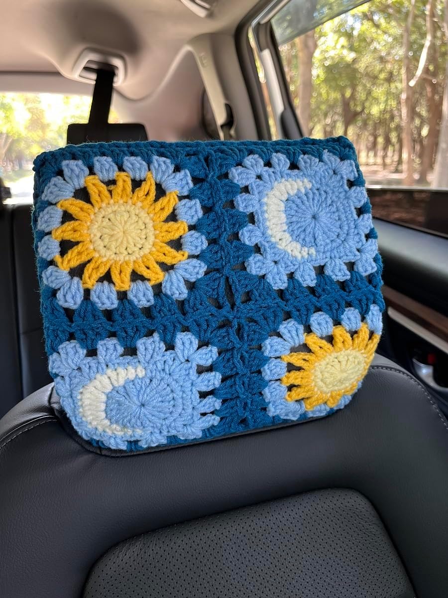 Crochet Sun Moon Car Headrest Cover,Crochet Soft Decorative Universal Fit,2-Pack,for Sedans SUVs Trucks (SunMoon)