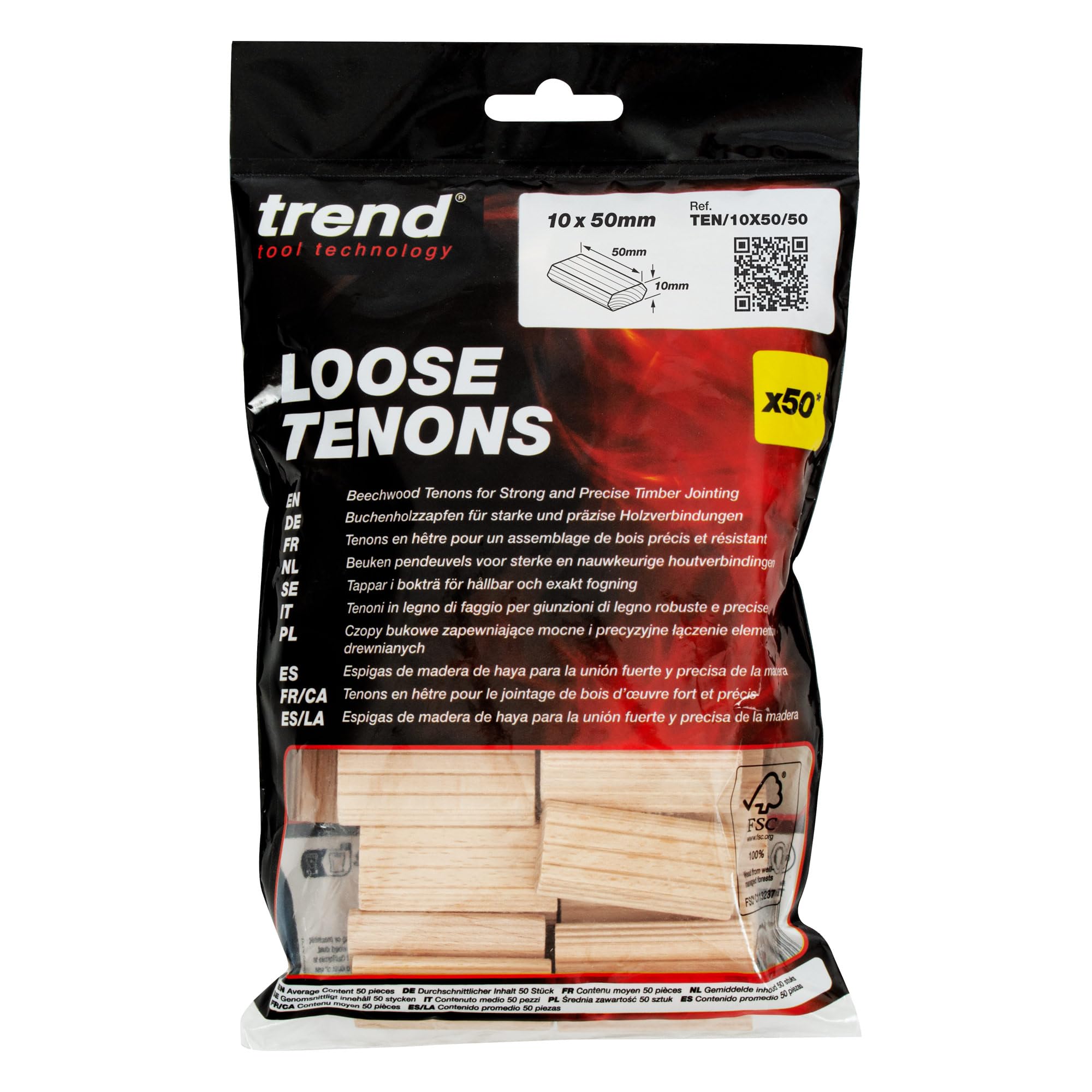 Trend 50pcs Beechwood Loose Tenons (10 x 50mm) for Woodworking, Joinery, and Furniture Framing, TEN/10X50/50