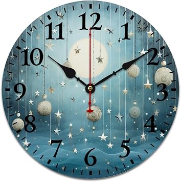 10 Inch Wood Clock Blue Celestial Glow Moon Decorative Clock Silent & Non-Ticking Arabic Numbers Moon Star Wall Clock Home Living Room Office Decoration
