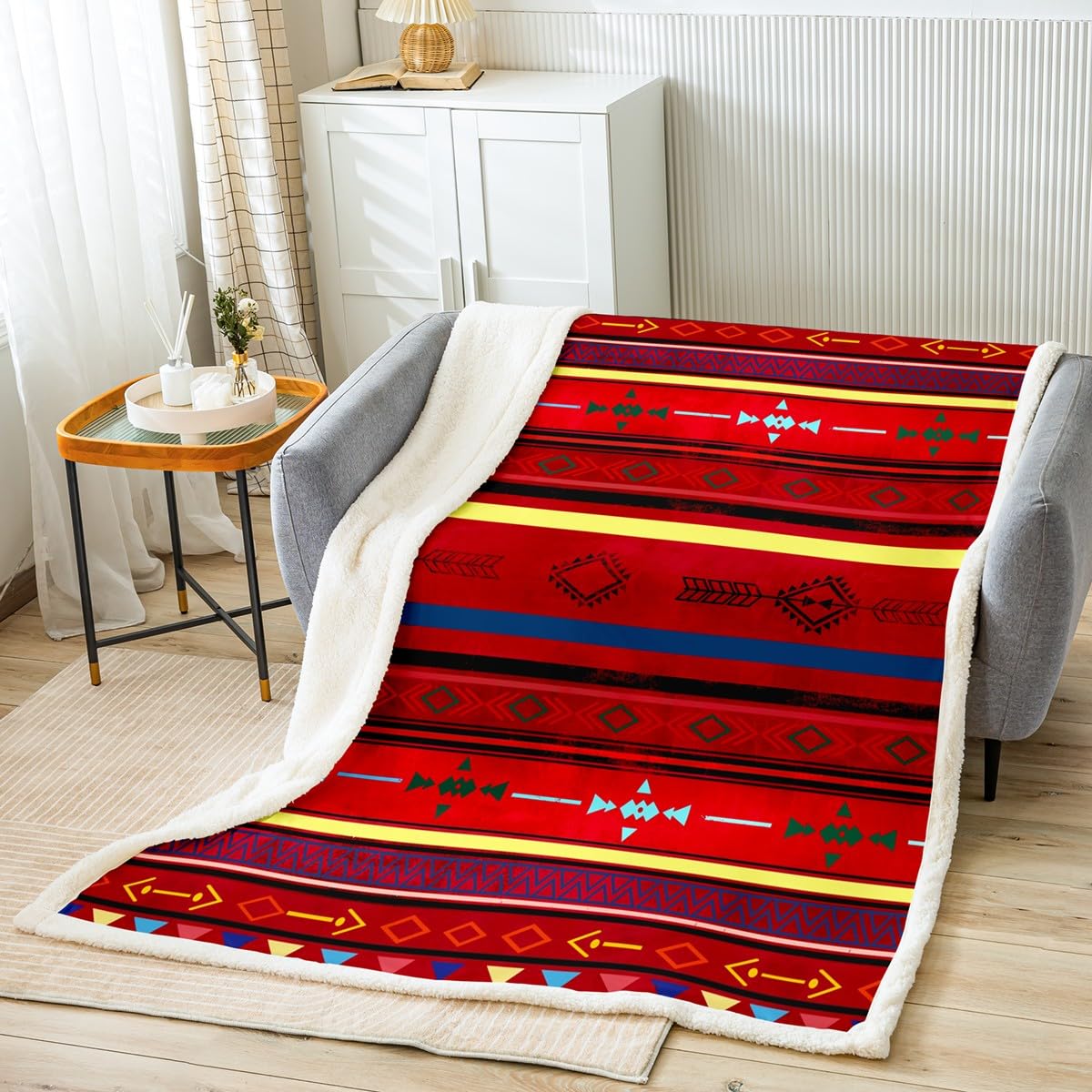 Homemissing Southwestern Sherpa Blanket Tribal Fleece Throw Blanket for Kids Boys Geometric Plush Blanket Native American Design Red Yellow Fuzzy Blanket Bedroom Single 50x60 Inch