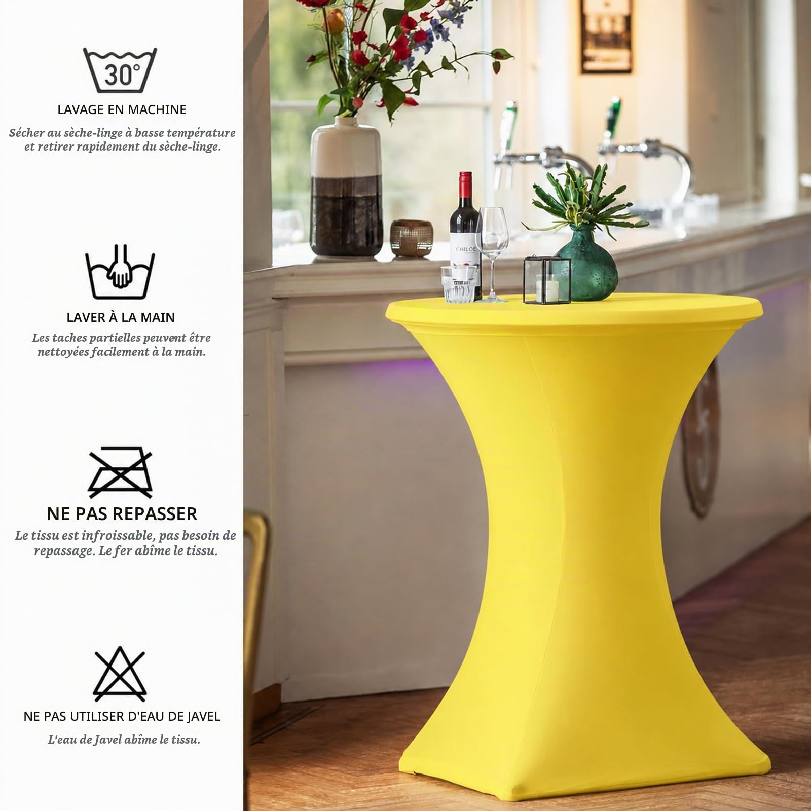 Lot de 3 Housse Mange Debout 80x110cm, Jaune Nappe de Table Haute en Spandex pour Bistro, Mariage, Bar, Hôtel, Banquet, Cocktail