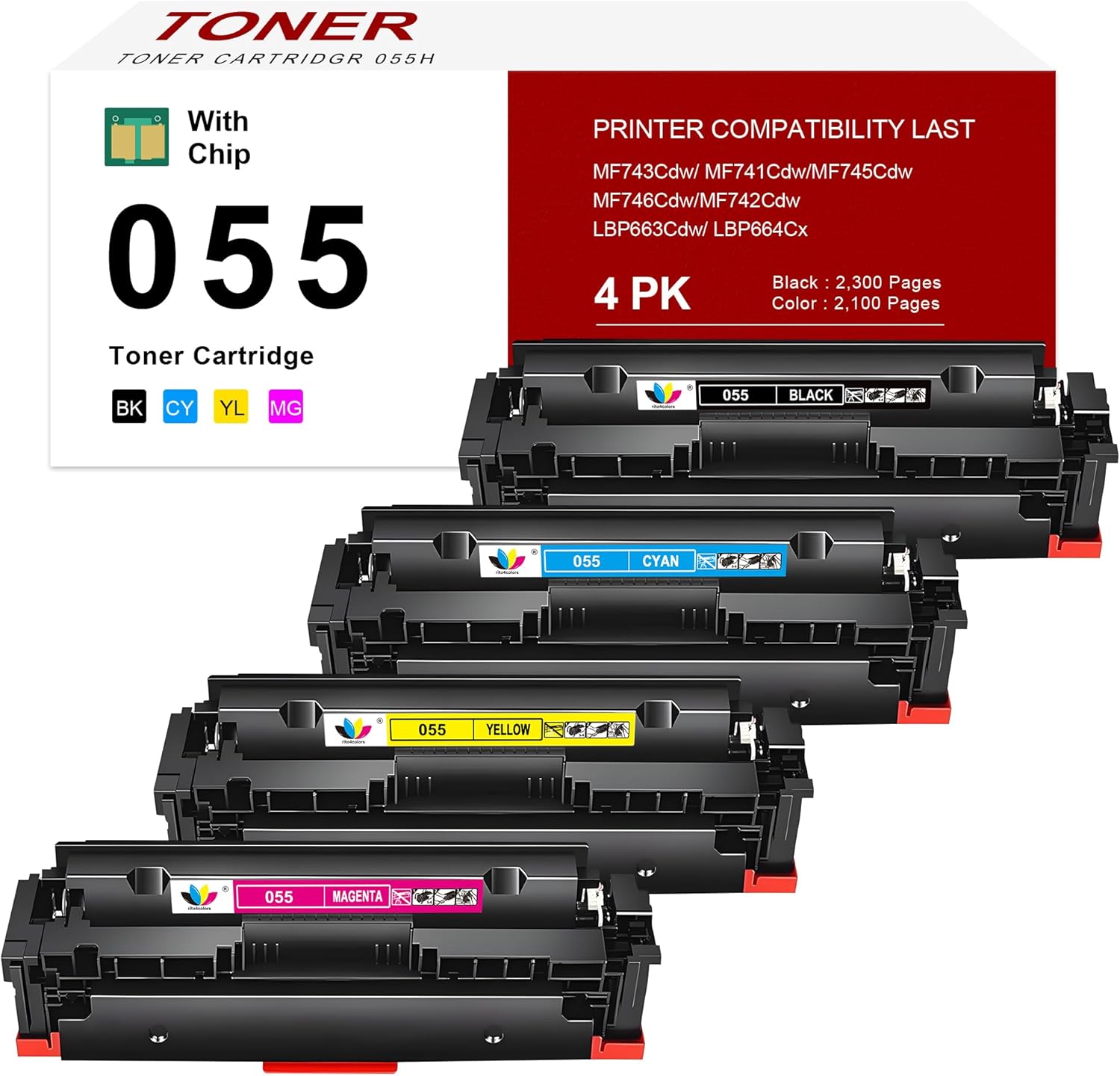 055 Toner Cartridge 4-Pack Replacement for Canon 055H 055 Toner Cartridges Compatible with Canon imageCLASS MF743Cdw MF741Cdw MF746Cdw MF745Cdw LBP663Cdw LBP664Cx Printers.