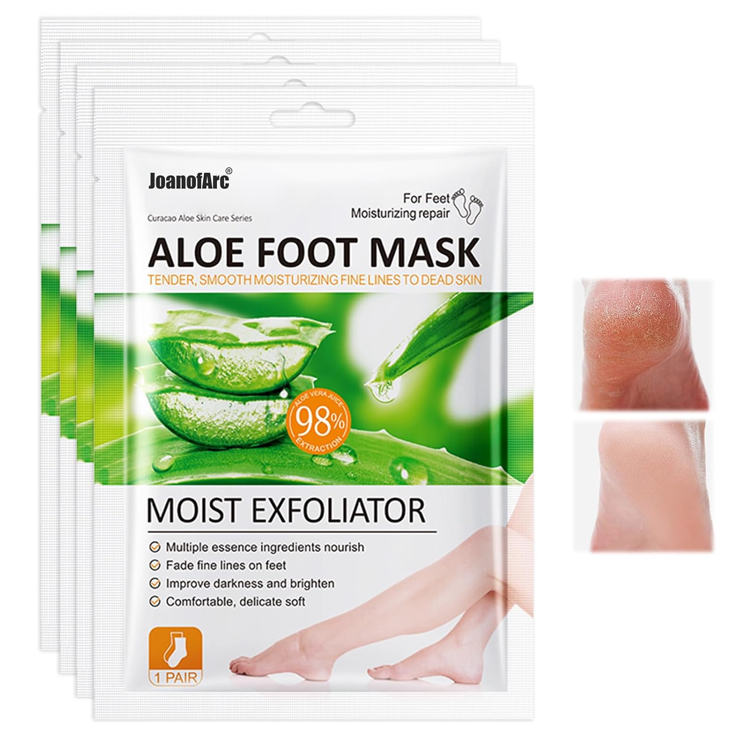 JoanofArc Moisturizing Foot Mask with Aloe Vera, Hydrating Foot Masks for Dry Cracked Feet, Foot Care Mask Skin Moisturizer for Soft and Smooth Touch Feet, Men Women, 4 Pairs