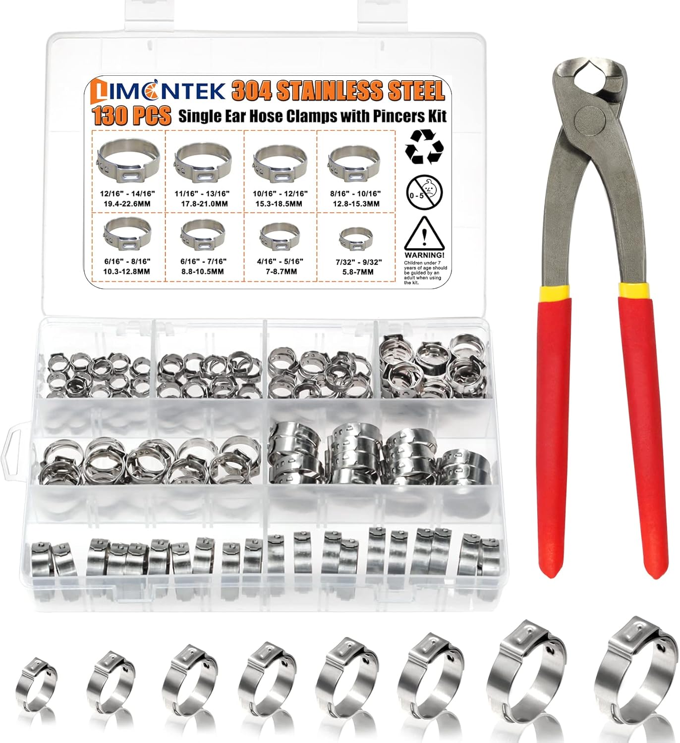 Single Ear Hose Clamps Pincers Kit 130 Pieces 304 Stainless