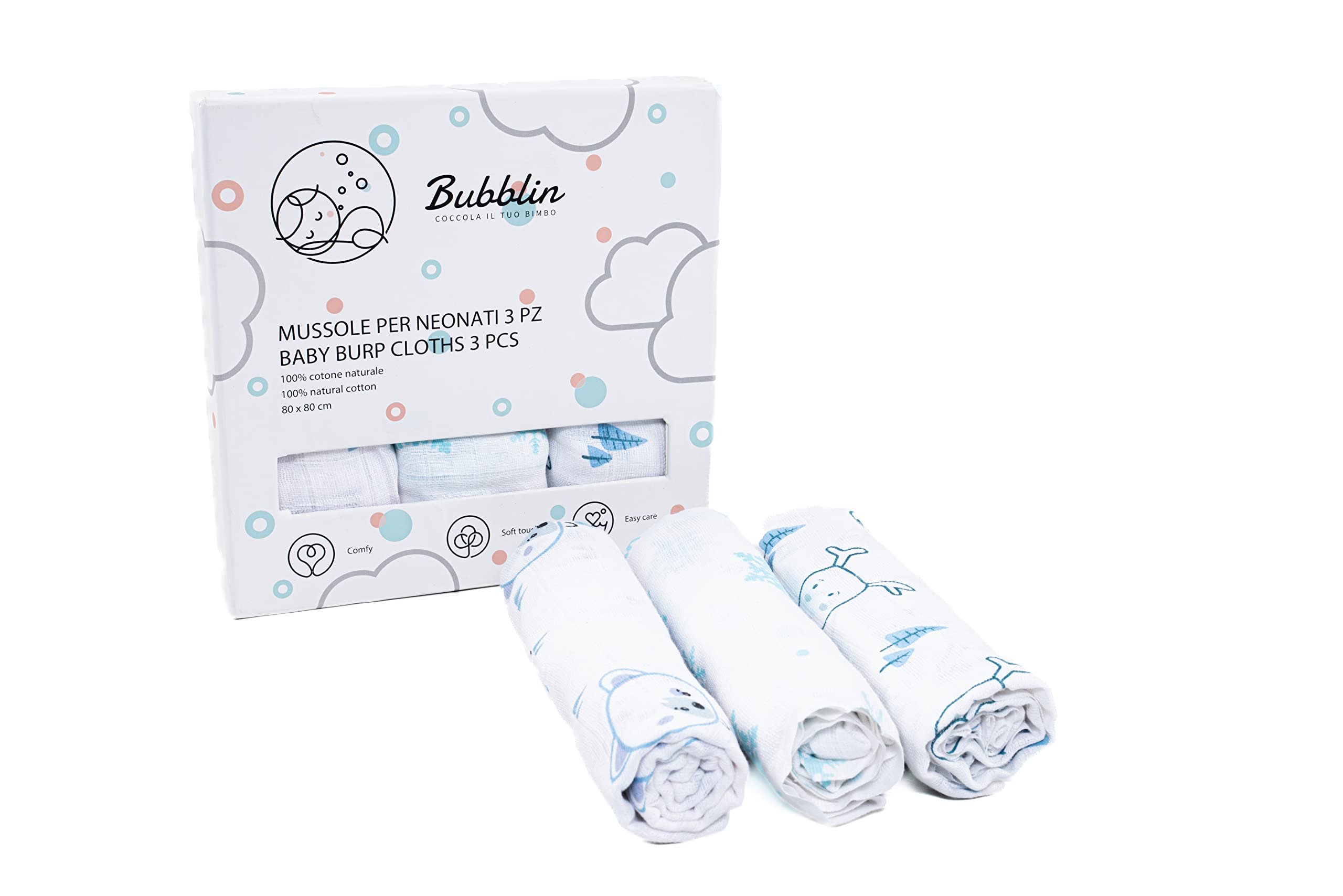 Set di 3 Mussole Neonato 80x80 cm 100% Cotone Naturale Certificato OEKO-TEX Copertina Neonato