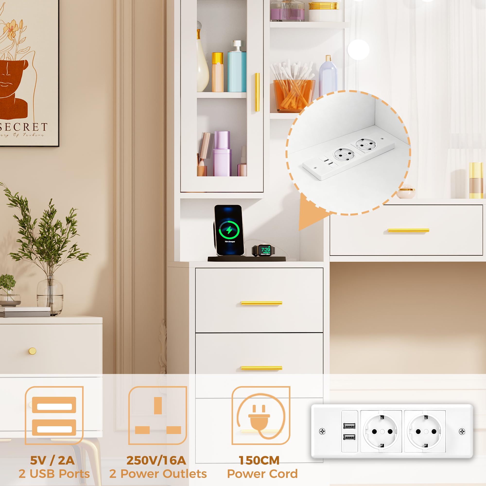 ANWBROAD Grande Toletta Trucco con Luci LED e Prese 150x135x40cm, Bianca | illuminazione Regolabile a 3 Colori Moderna Postazione Trucco con Specchio 8 Cassetti 2 Armadietti Toletta BDT67W
