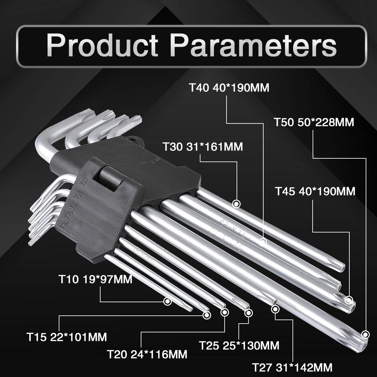 KATUR Long Arm Star Key Wrench Set, 9PCS Metric Double Long Arm Star End Key Set Tools for Automotive Household Projects Lawn Equipment and Engine Repairs T10-T50 (Long)