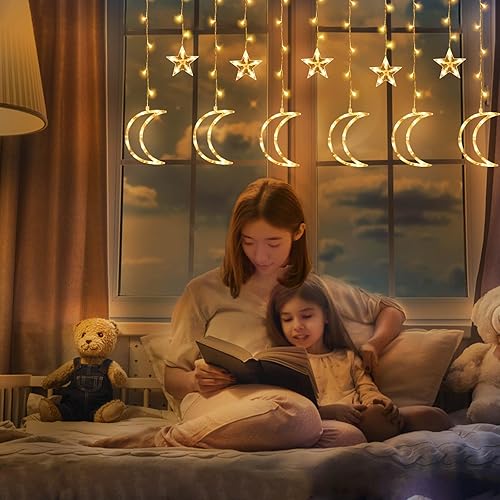 Miniatura 4 de Windpnn 138 luces LED de cortina de estrellas y luna para decoraciones de Ramadán, luces de hadas Eid Mubarak alimentadas por USB para interiores,