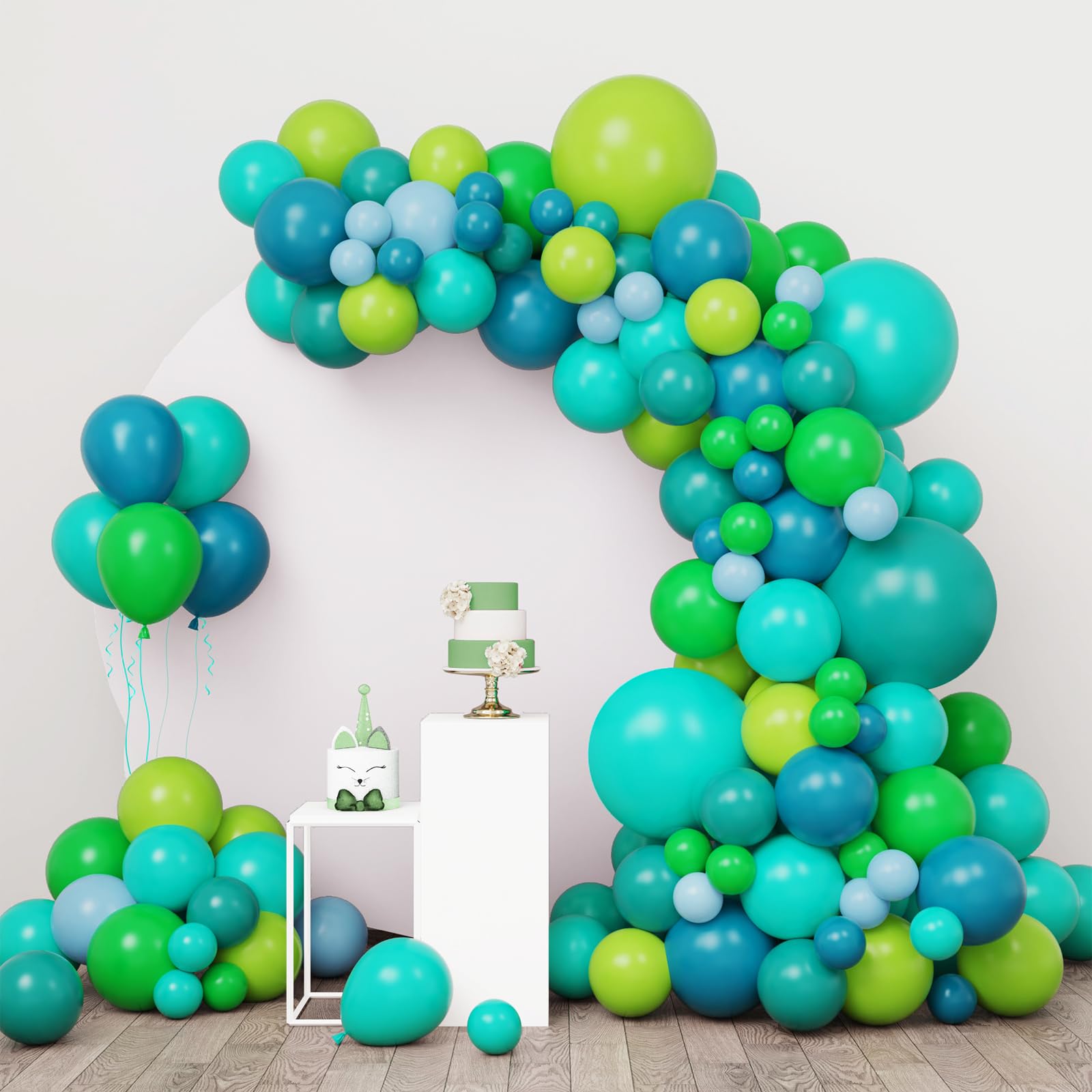 RUBFAC 138pcs Green Balloons Garland Arch Kit Latex Blue Party Balloons Different Sizes 18 12 10 5 Inch for Birthday Party Graduation Baby Shower Wedding Holiday Balloon Decoration