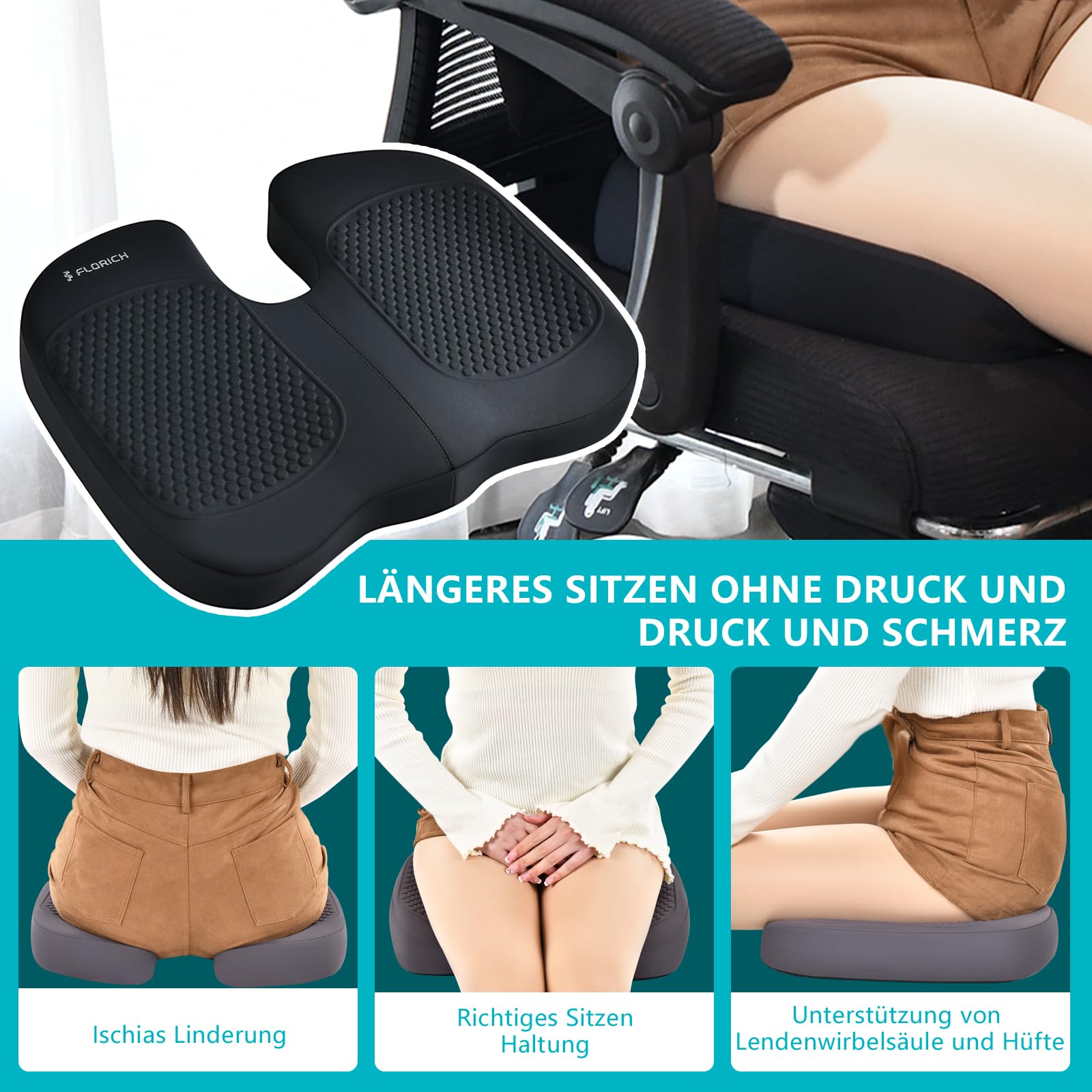 FLORICH Coussin d'assise et Coussin Lombaire en Mousse à Mémoire de Forme pour Siège de Bureau Coussin d'assise Ergonomique pour Voiture pour Siège de Voiture, Chaise de Bureaut, Type1-Noir