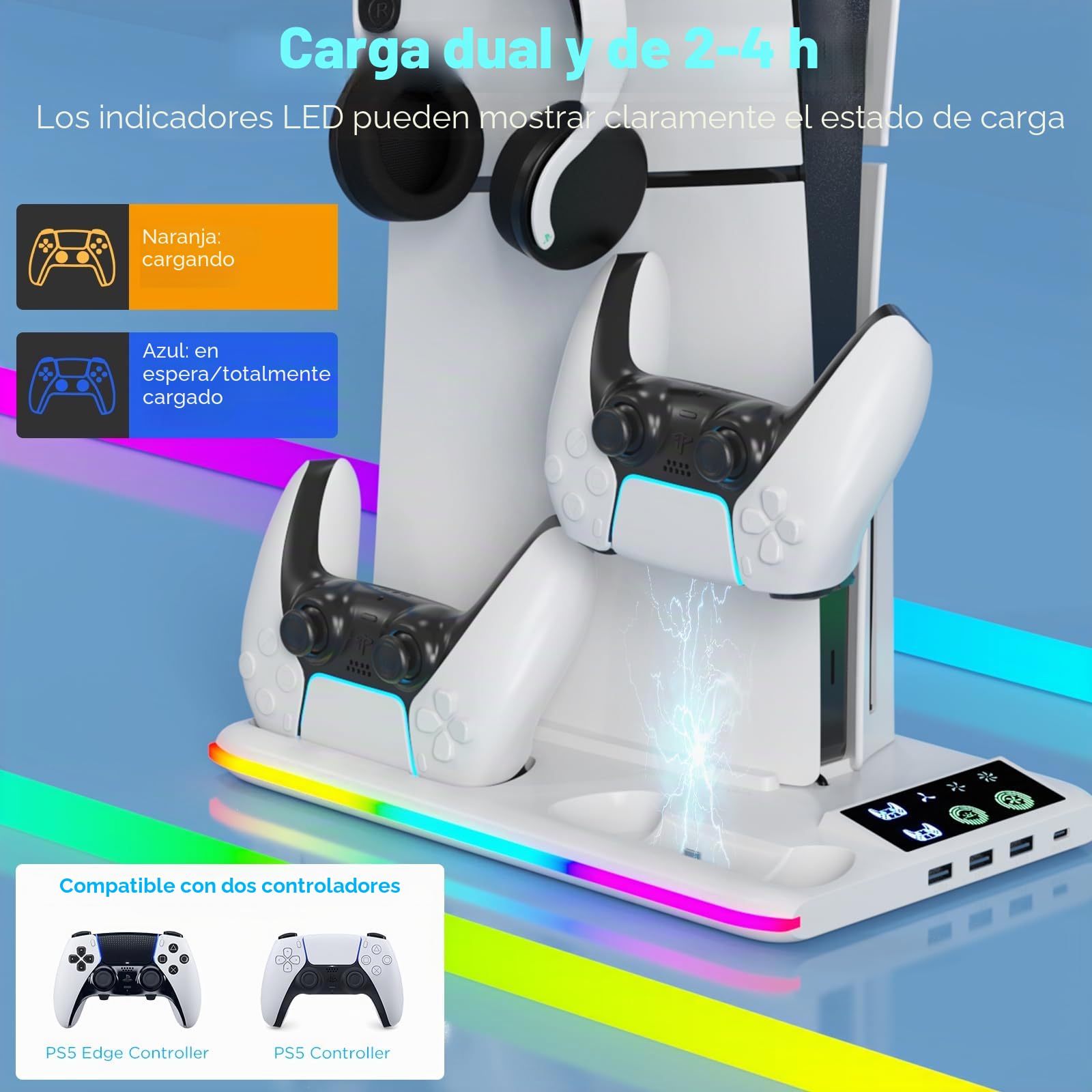 Soporte para PS5, Soporte de Refrigeración para PS5/PS5 Slim/PS5 Pro Soporte Vertical P5/P5 Slim/P5 Pro con Estación de Carga de Dual Dontrolador 3 Puertos USB(Disco y Digital)(Blanco)