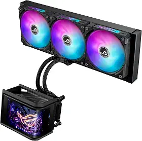 ASUS O refrigerador de líquido ROG RYUO IV SLC 360 ARGB All-in-one para CPU com tubo encurtado maximiza uma estética limpa, tela AMOLED curvada de 16.9 cm suporta vídeo com efeito 3D ou informações