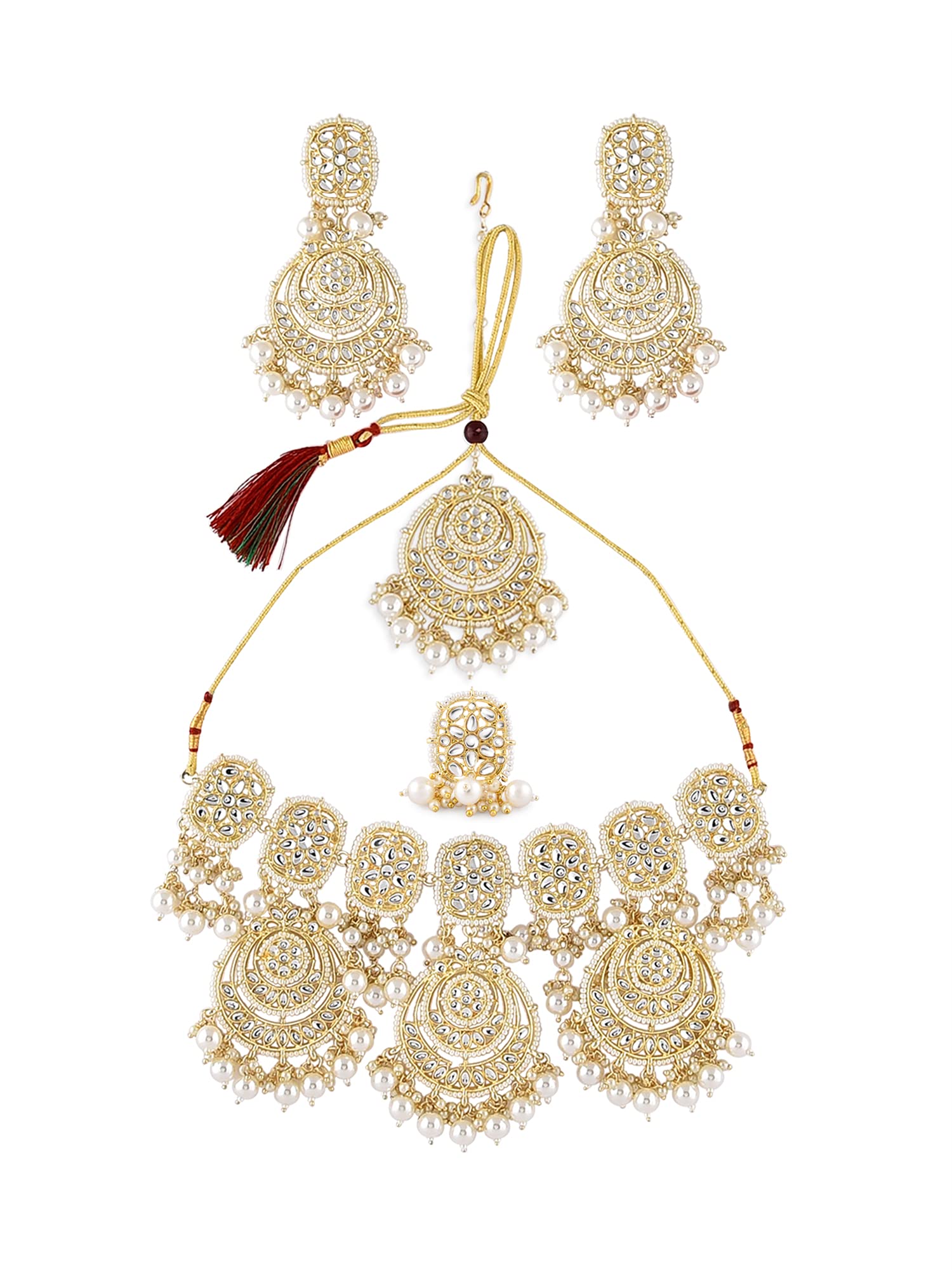 ZAVERI PEARLS Gold Tone Ethnic Kundan Necklace Earring Maangtikka & Ring Set For Women-ZPFK10486 (B09DT7NSDM) Amazon Price History, Amazon Price Tracker