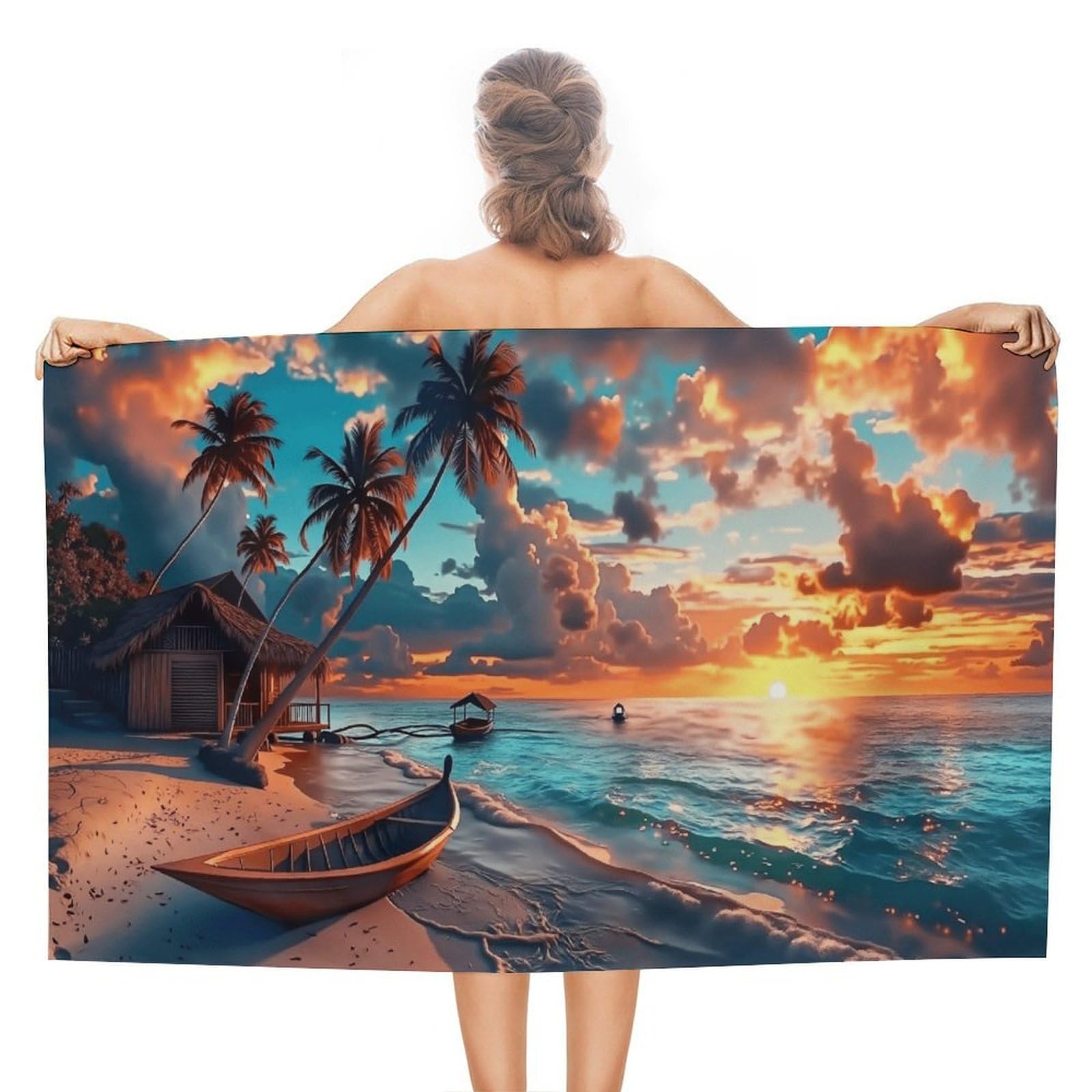 Anceky Tropical Sunset Beach Scene Beach Towel Microfiber Soft Absorbent Oversized Large Bath Towel Blanket Thin Quick Dry for Adults Swimming Pool Yoga Gym Travel 51"X31"