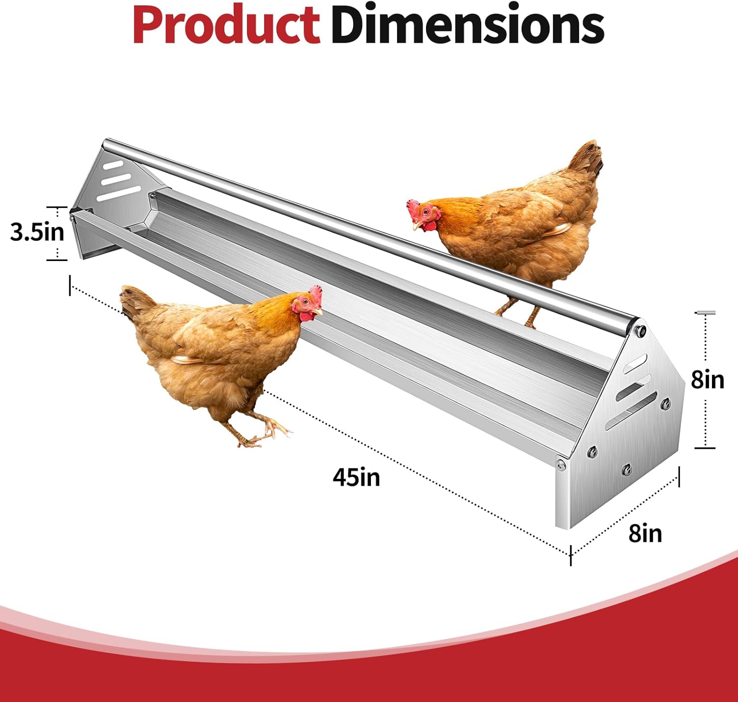 RYFT Chicken Feeding Trough 45", Heavy Duty Galvanized Steel Chicken Feeder with Crossbar, Holds 12 Chickens with Drainage Holes, Large Capacity Poultry Feeder Trough for Duck Geese Turkey Pigeon