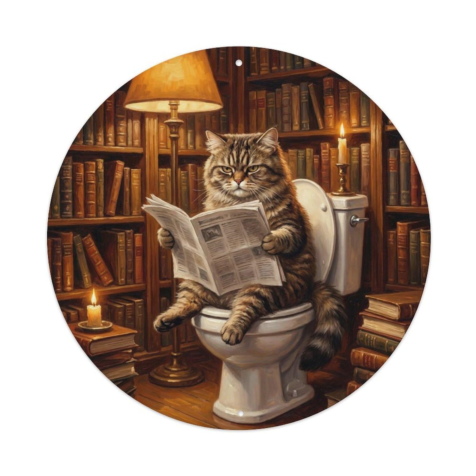 Cat On Toilet Humorous Bathroom Library Evening Glow Metal Tin Sign