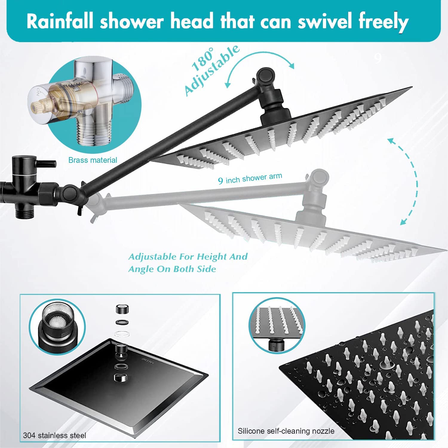 Combo de cabezal de ducha, cabezal de ducha de lluvia de alta presión de 8 pulgadas con brazo de extensión ajustable de 9 pulgadas y 3 ajustes de mano, potente rociador de ducha contra agua de baja