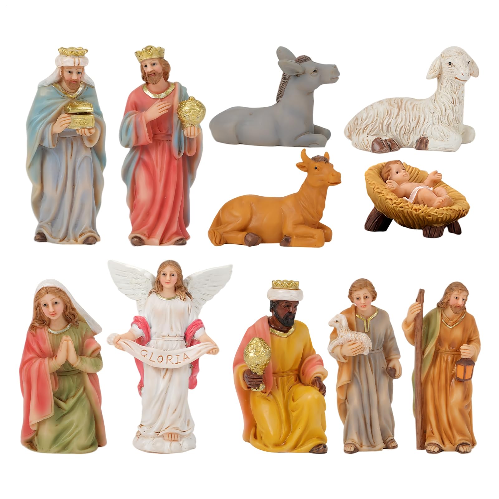 Belén de Navidad - Decoraciones navideñas con figuras religiosas Jesús | Decoración de mesa de escenario de la Sagrada Familia | tradicional de casa de vacaciones, para jardín al aire